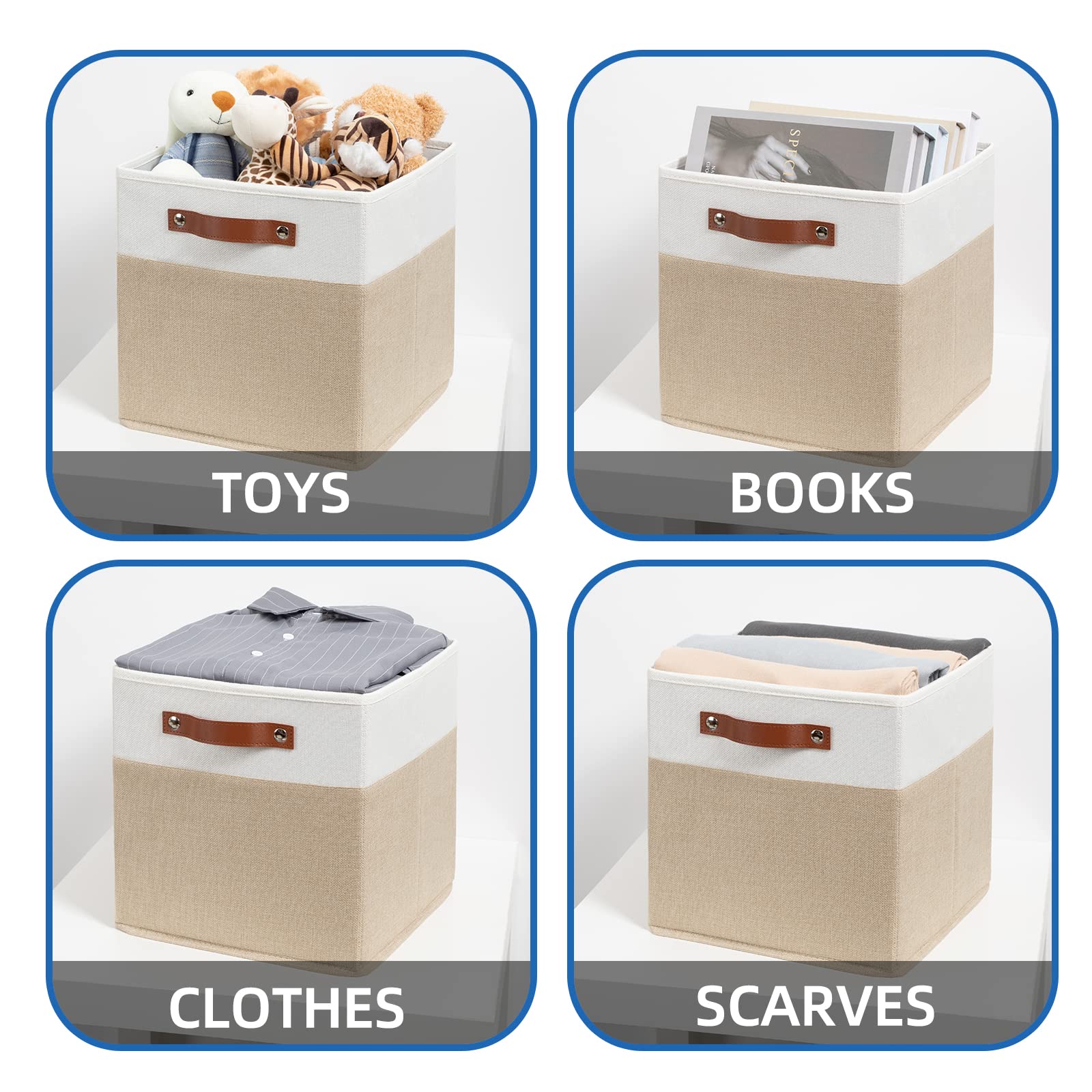 Temary Fabric Storage Cubes 12 Inch Cube Storage Bins 4Pack Empty Gift Baskets Storage Baskets for Organizing  Collapsible Fabric Bins for Shelves  Closets  Nursery (White & Khaki)