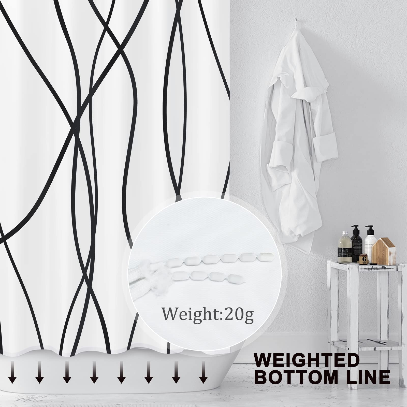 Punkray Black And White Striped Wavy Line Fabric Shower Curtain For Bathroom With 12 Hooks, Extra Long Shower Curtains For Bathr