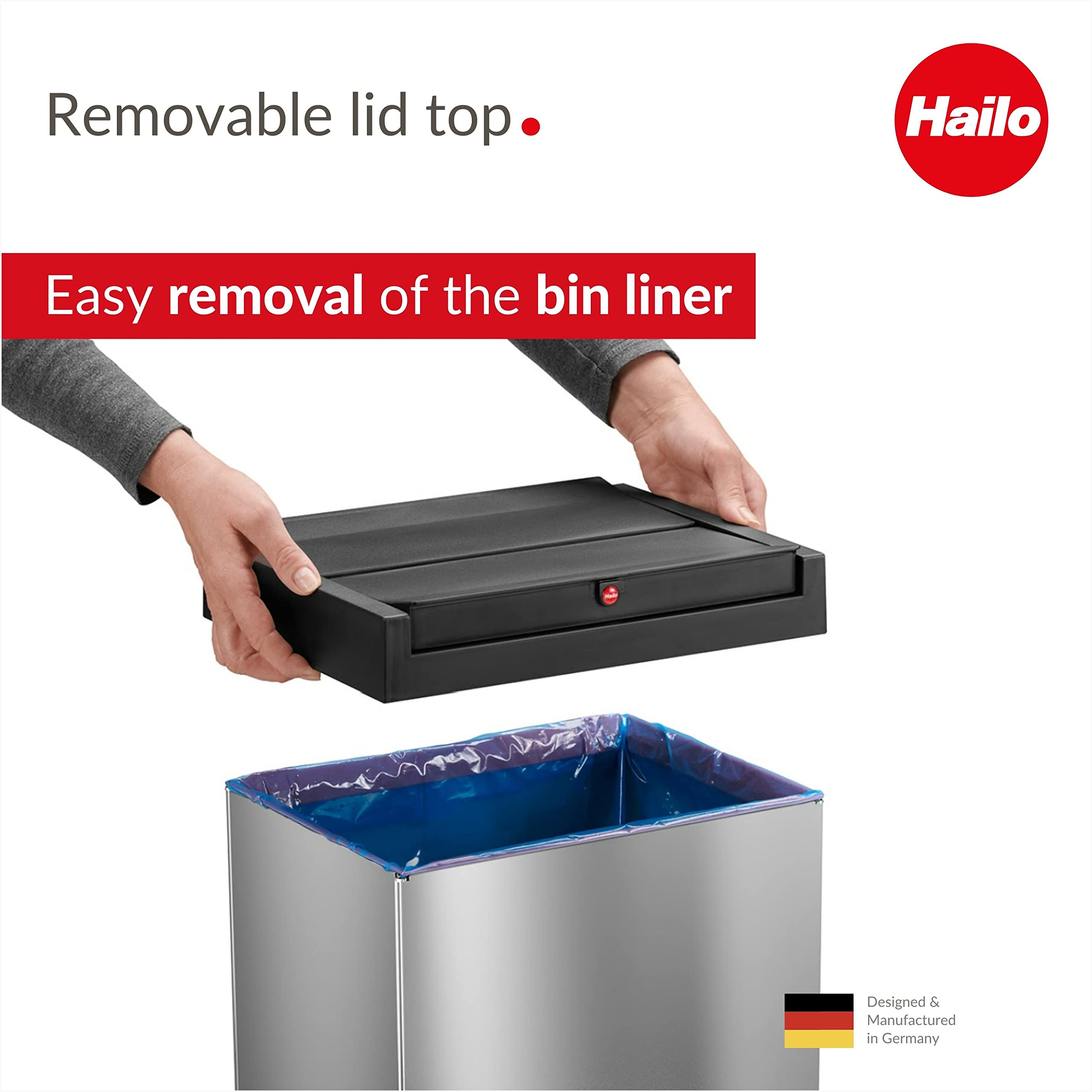 Hailo 0860-211 Big-Box Xl 1 X 52 Liters / 13.7 Gallons | Self-Closing Swing Lid | Stainless Steel Liner Clamping Frame | Waste B