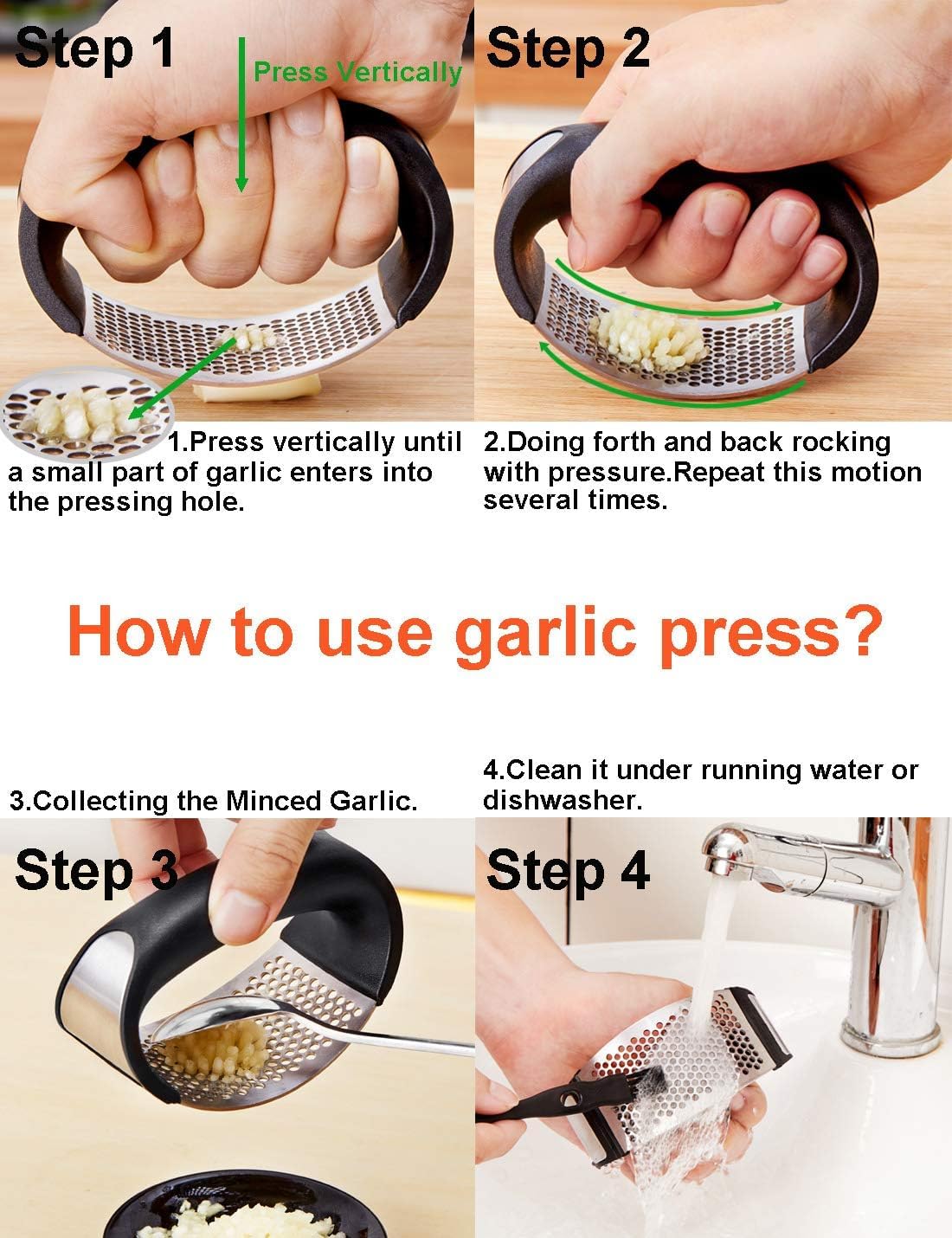 Garlic Press Stainless Steel, Garlic Mincer Garlic Chopper With Peeler& Brush, Cloves Chopper Grinder Slicer Squeezer Roller, Ea