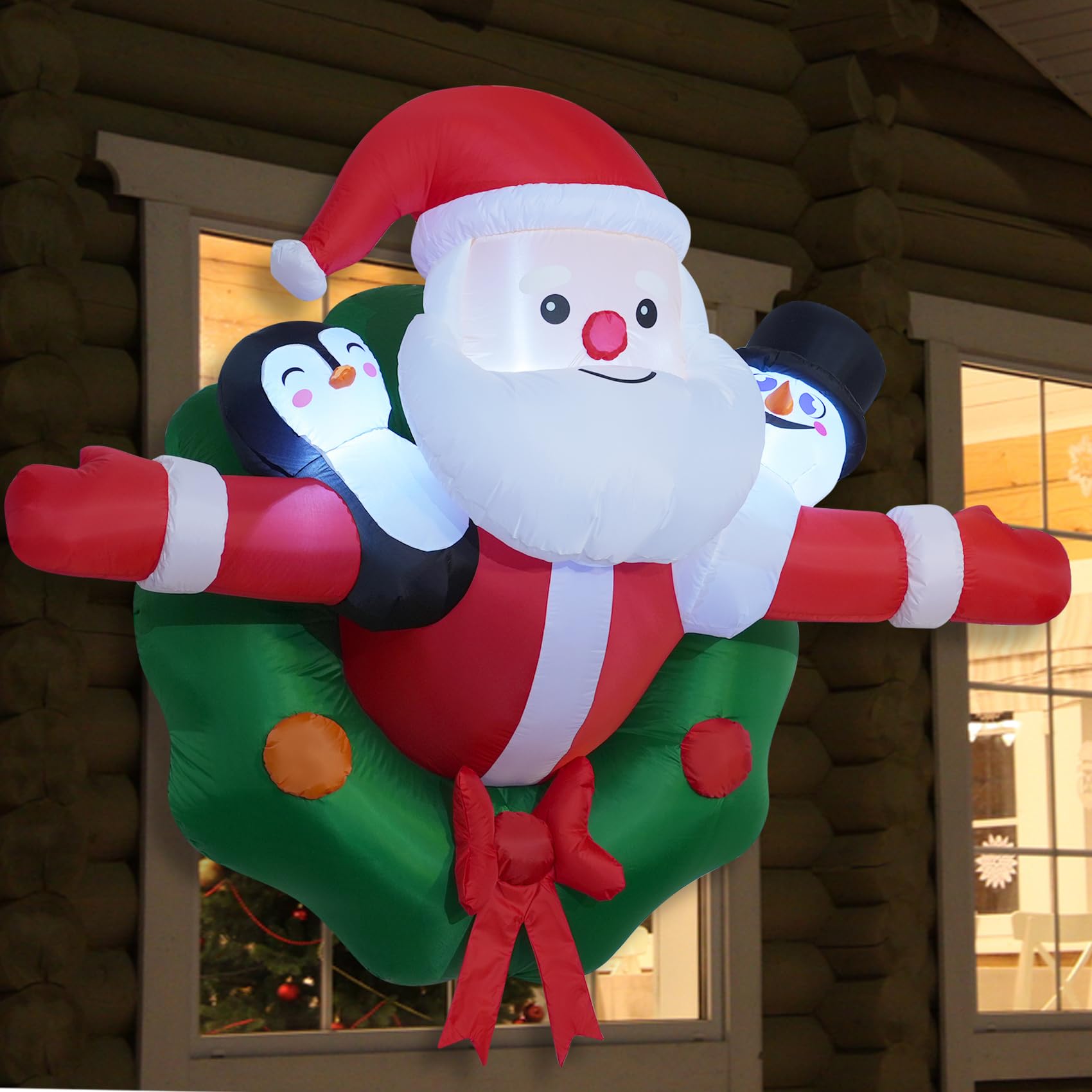 5FT Christmas Inflatables Festive Wreath with Santa Penguin Snowman Outdoor Window Decorations Christmas Blow ups Hanging Santa 