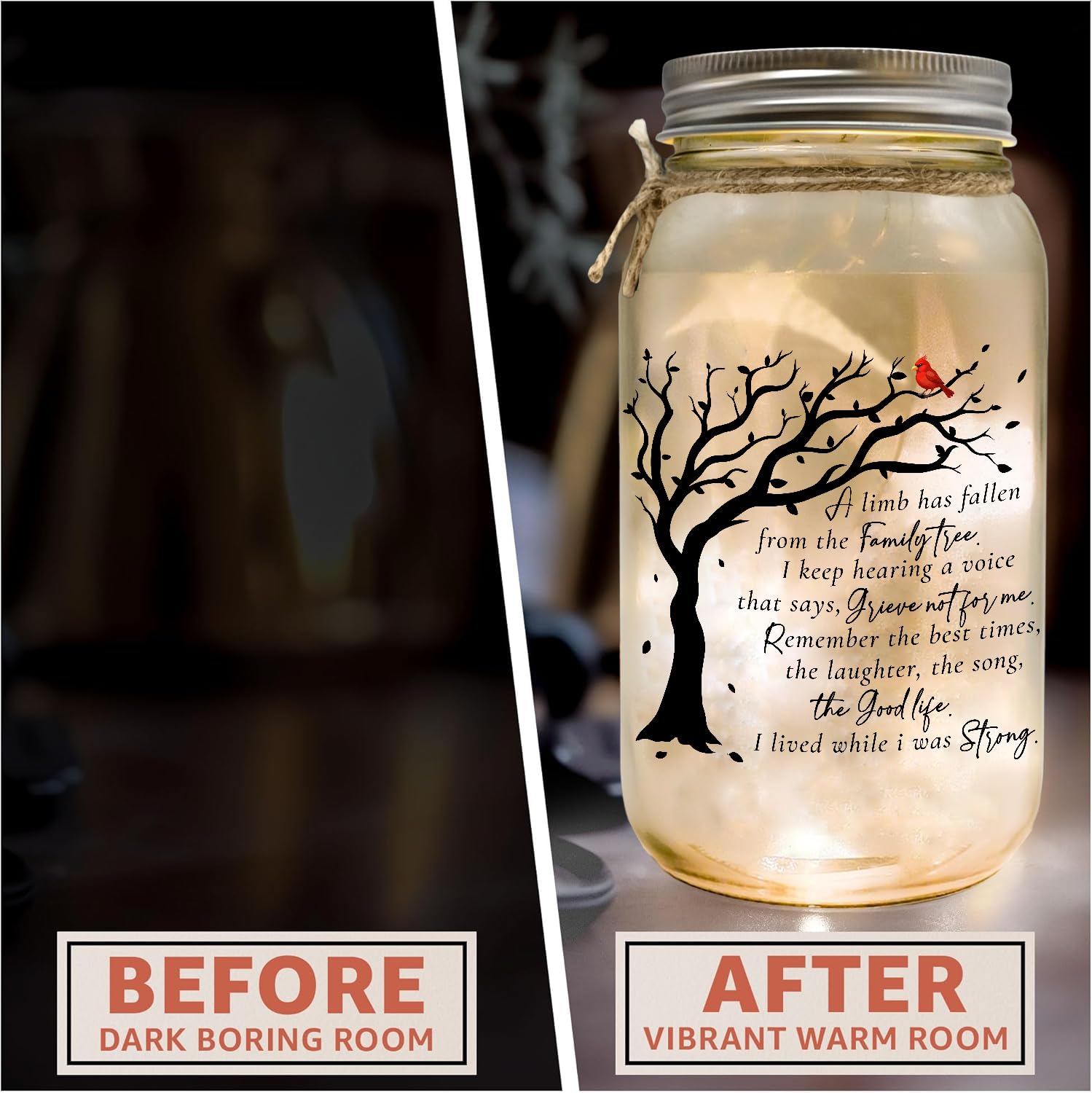 Memorial Gifts Mason Jar Light Large, Red Cardinal - Memory Gifts for Loss Loved Ones, A Limb Has Fallen From Our Family Tree, S