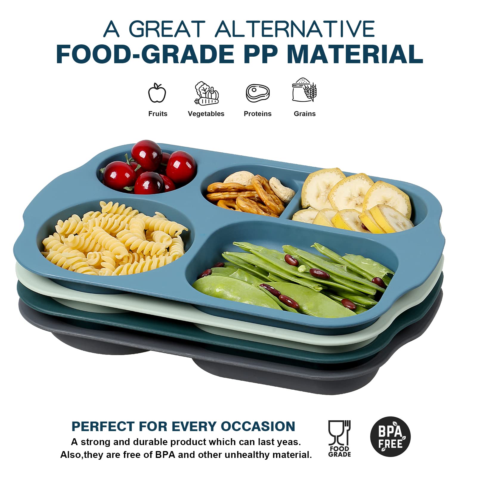 Shopwithgreen Divided Plates For Kids Adults, 12 Inch (4Pcs) Plastic Unbreakable Section Plates, Large Lightweight Reusable Comp