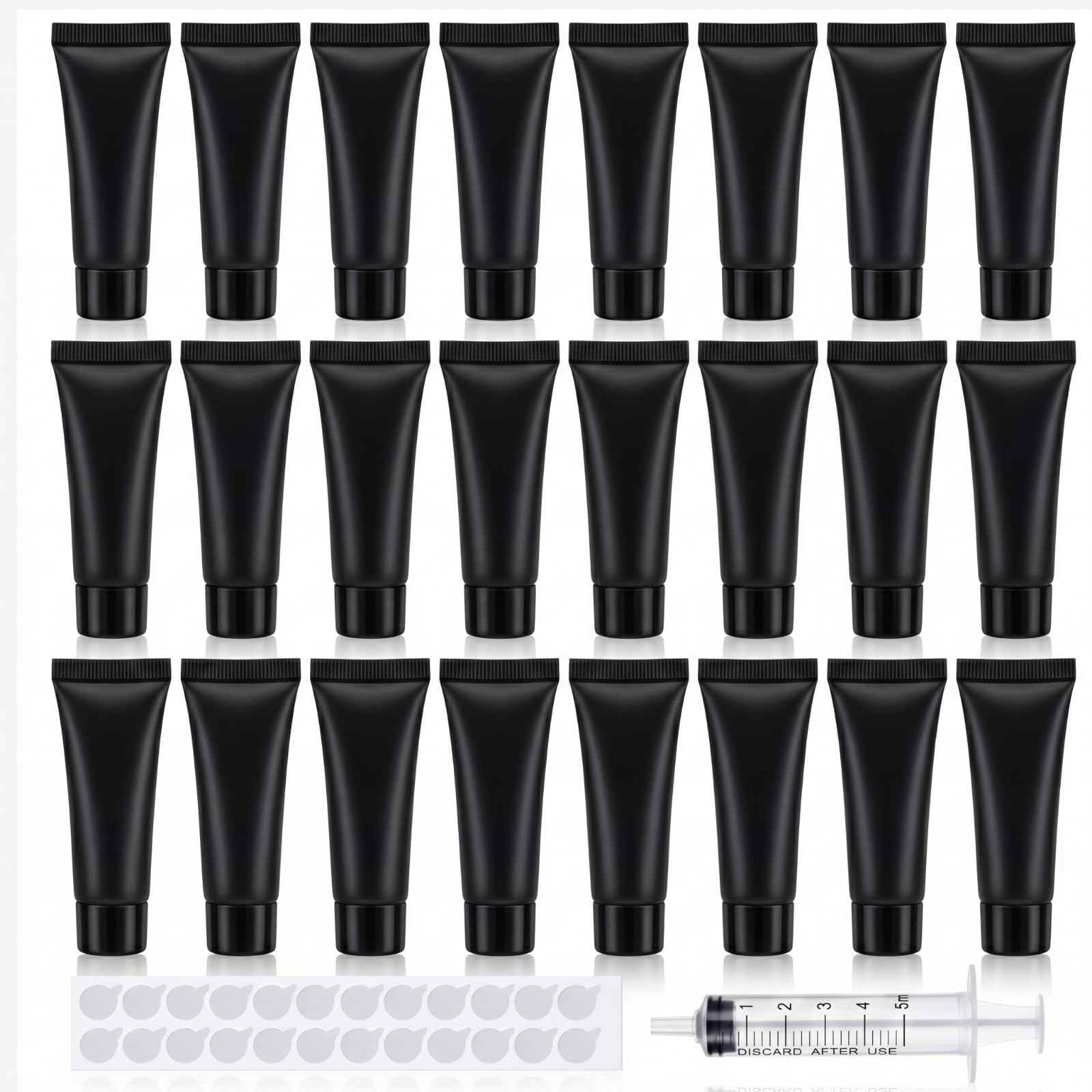 Yiyiring 24 Pcs Reusable Travel Tube Container Plastic Squeeze Refillable Sample Bottle with Syringe Aluminum Foil Dot Seal Stic
