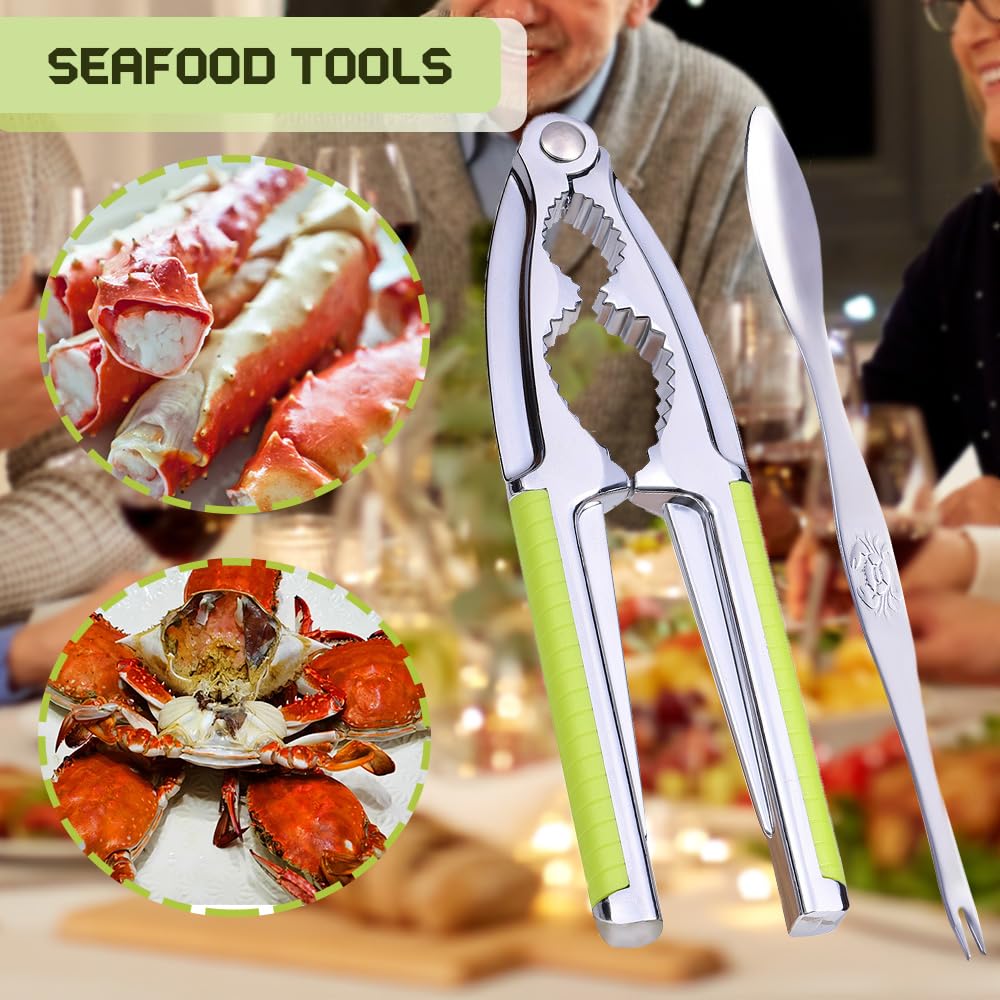 Vicsamer Heavy Duty Nut Cracker Set - 3 Piece Green Seafood Tools with Non-slip Handle & 2 Forks/Picks for All Nuts
