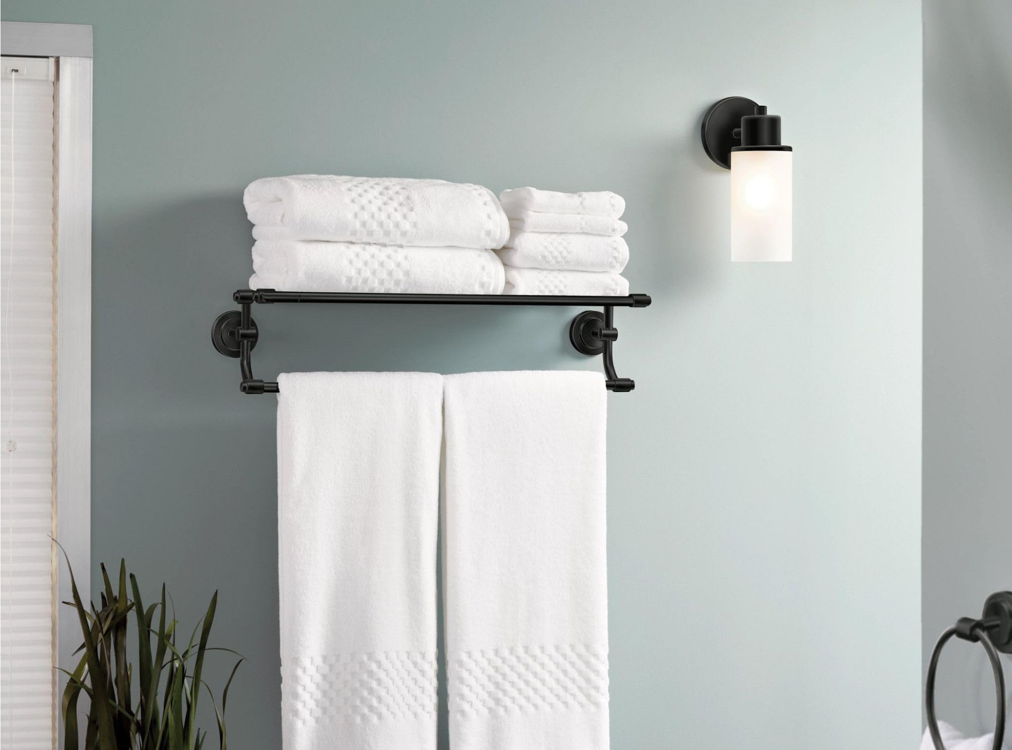 Moen Dn0794Bl Iso 24-Inch Wide Bathroom Hotel-Style Towel Shelf With Towel Bar, Matte Black