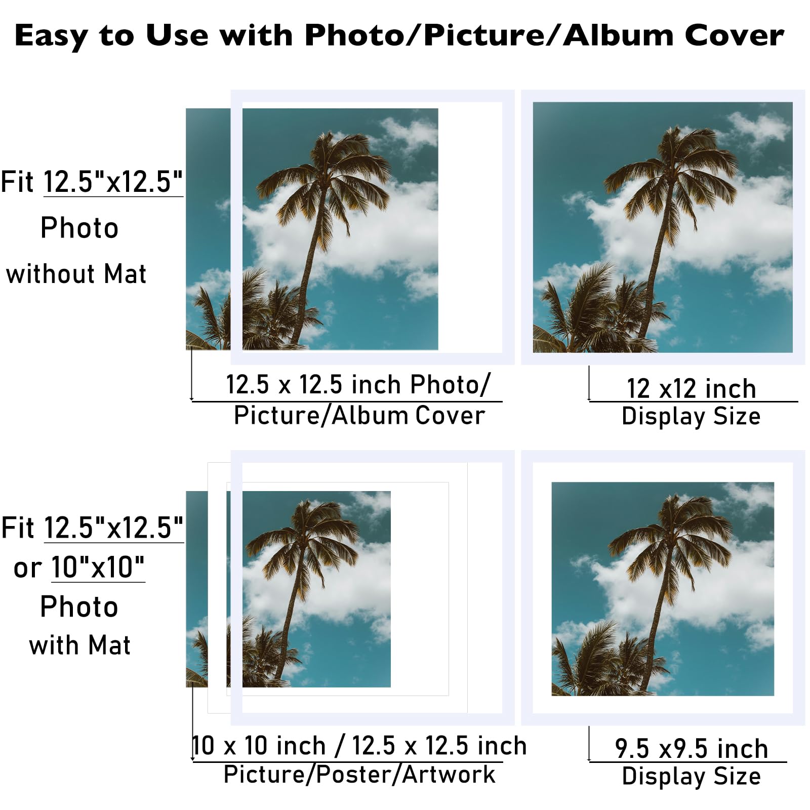 JCJMY 12.5x12.5 Picture Frame White with 10x10 Mat for Vinyl Record Album Cover Poster, Display Photo 10x10 with Mat or 12.5 x 1
