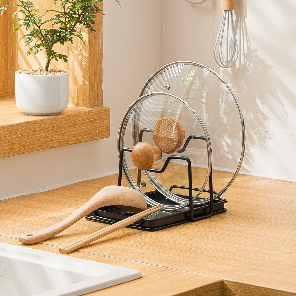 Sunfcon Pot Pan Lids Holder Cutting Board Rack Chopping Board Organizer Stand Spoon Rest W Drip Tray Kitchen Countertop Black