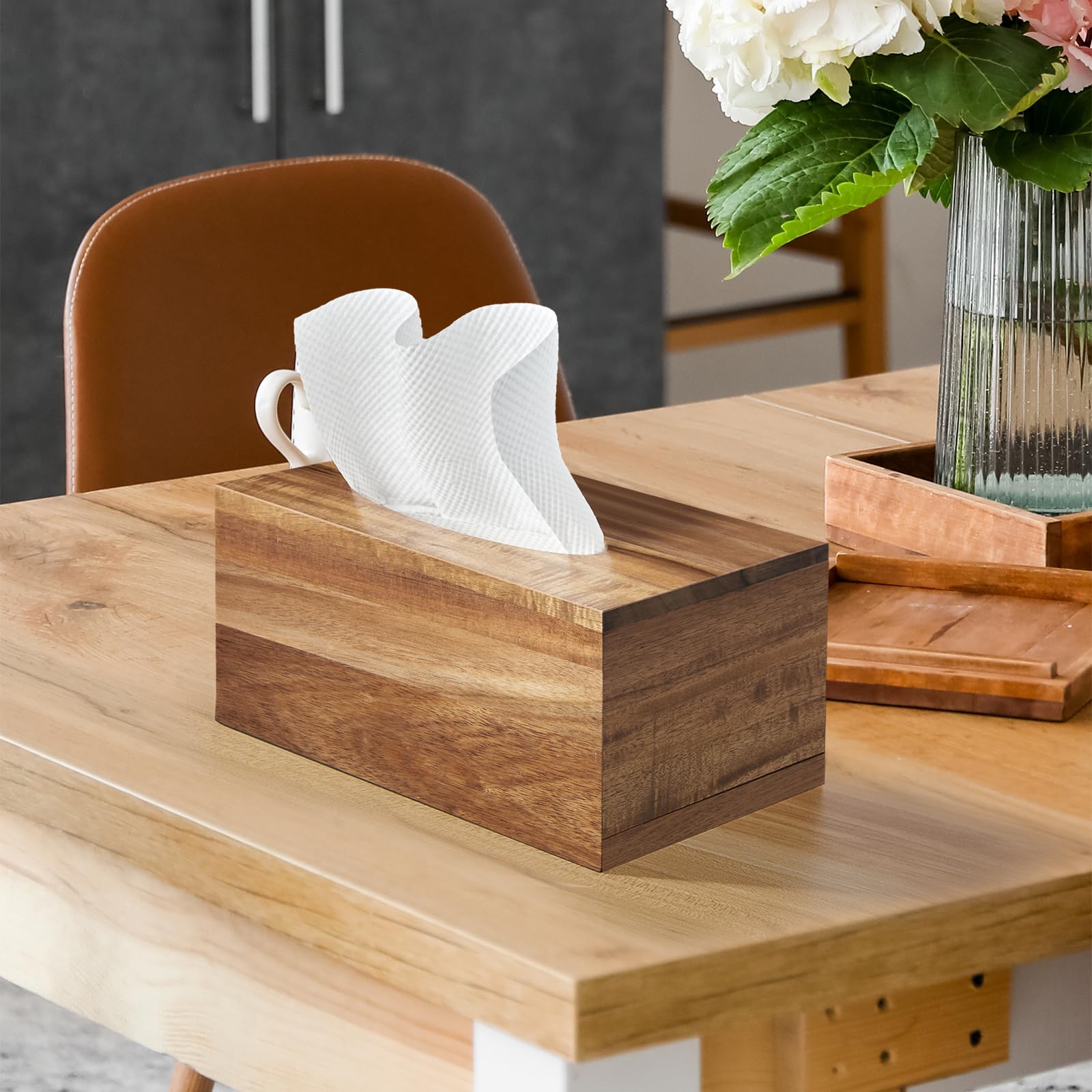 Alelion Rectangular Tissue Box Cover - Acacia Wood Rectangle Tissue Box Holder For Tabletop Night Stands Bathroom Office - Decor
