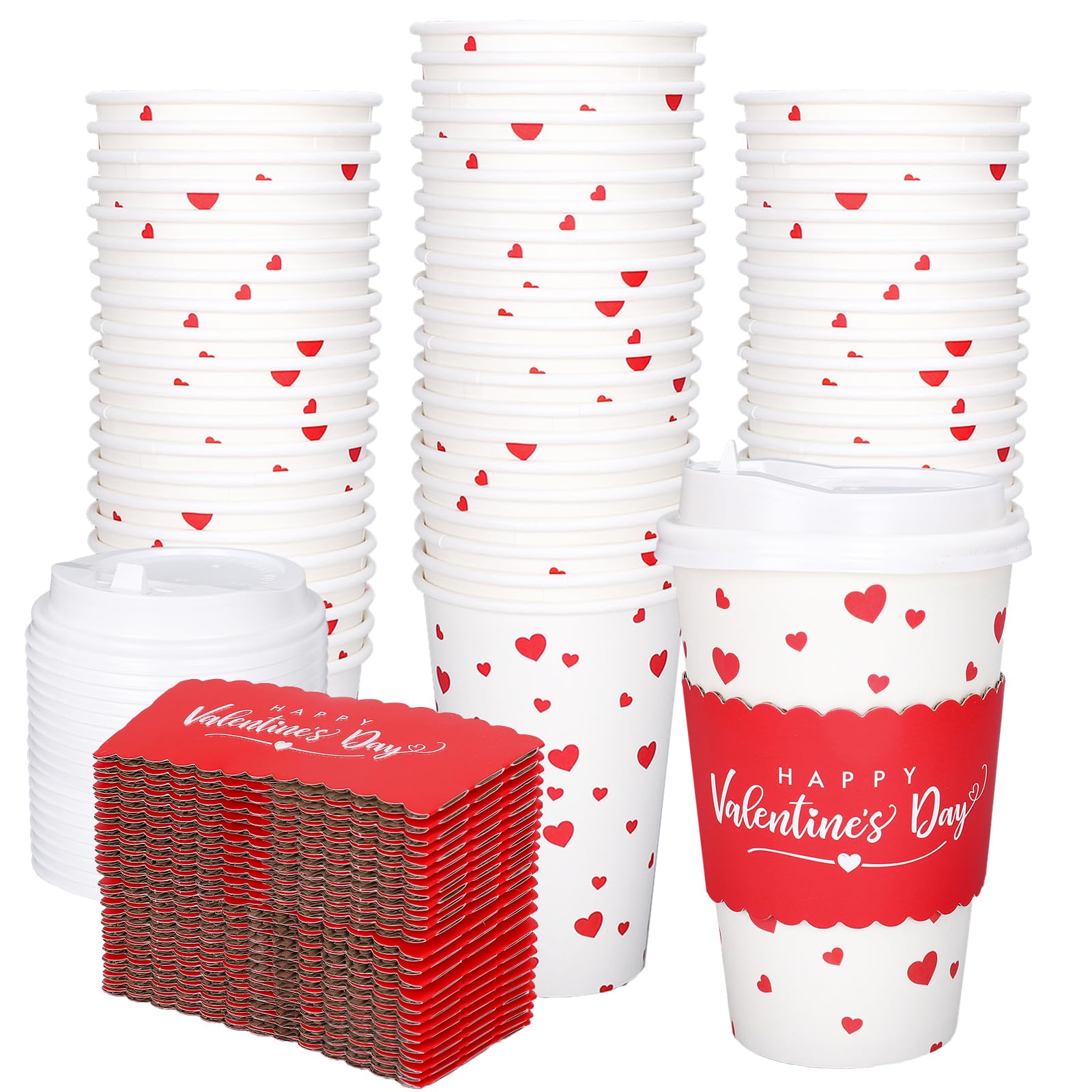 Whaline 50Pcs Valentine'S Day Disposable Coffee Cups With Lids And Sleeves Red Mini Love Heart Paper Drinking Cups For Wedding A