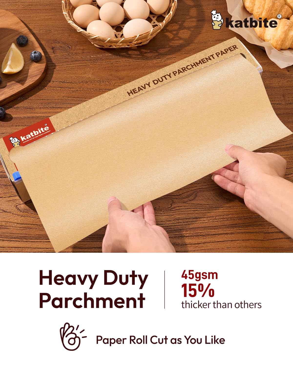 Katbite Unbleached Parchment Paper For Baking, 15 In X 210 Ft, 260 Sq.Ft, Heavy Duty Baking Paper With Slide Cutter, Non-Stick B