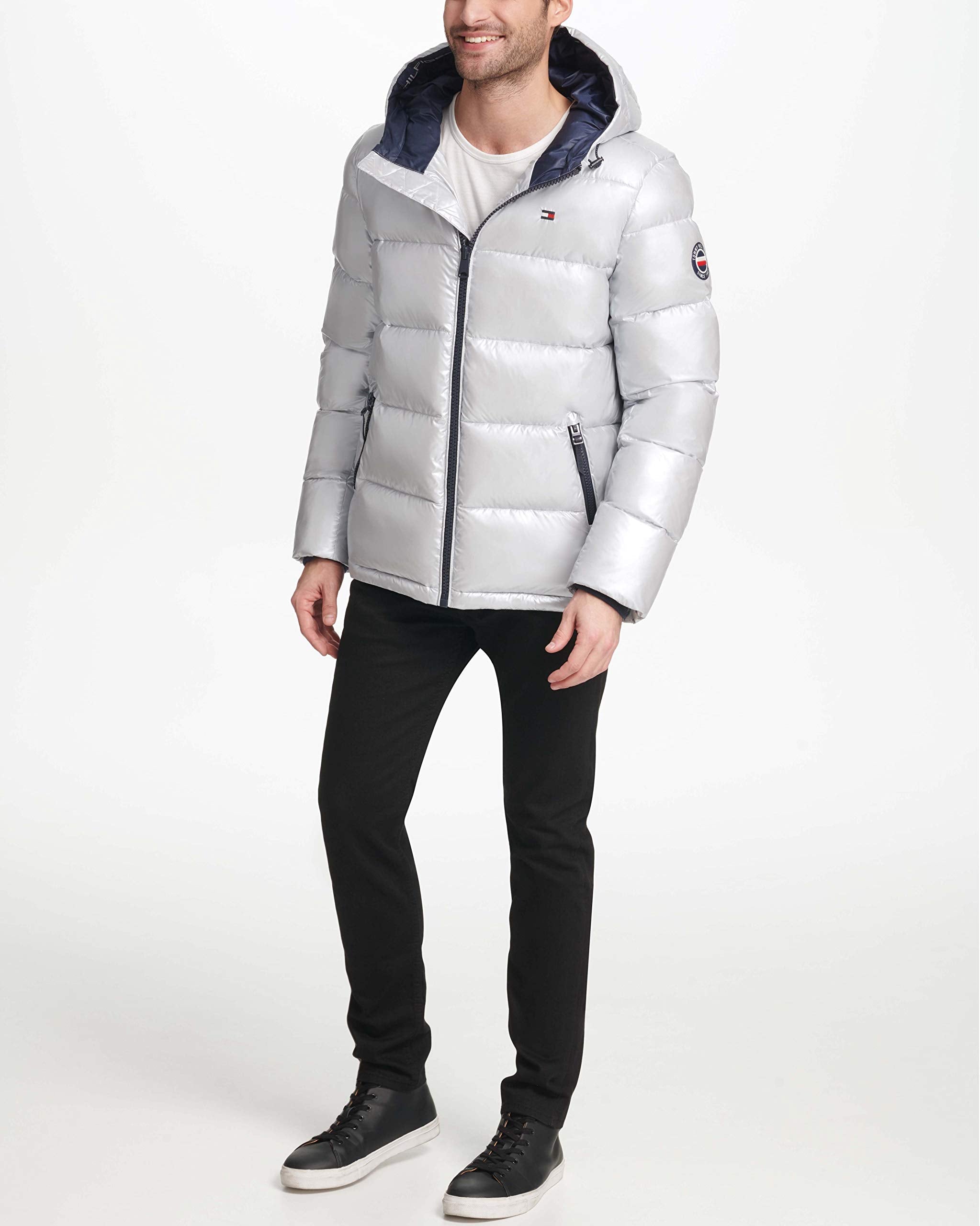 Tommy Hilfiger Mens Hooded Puffer Jacket, Pearlized Grey, X-Large