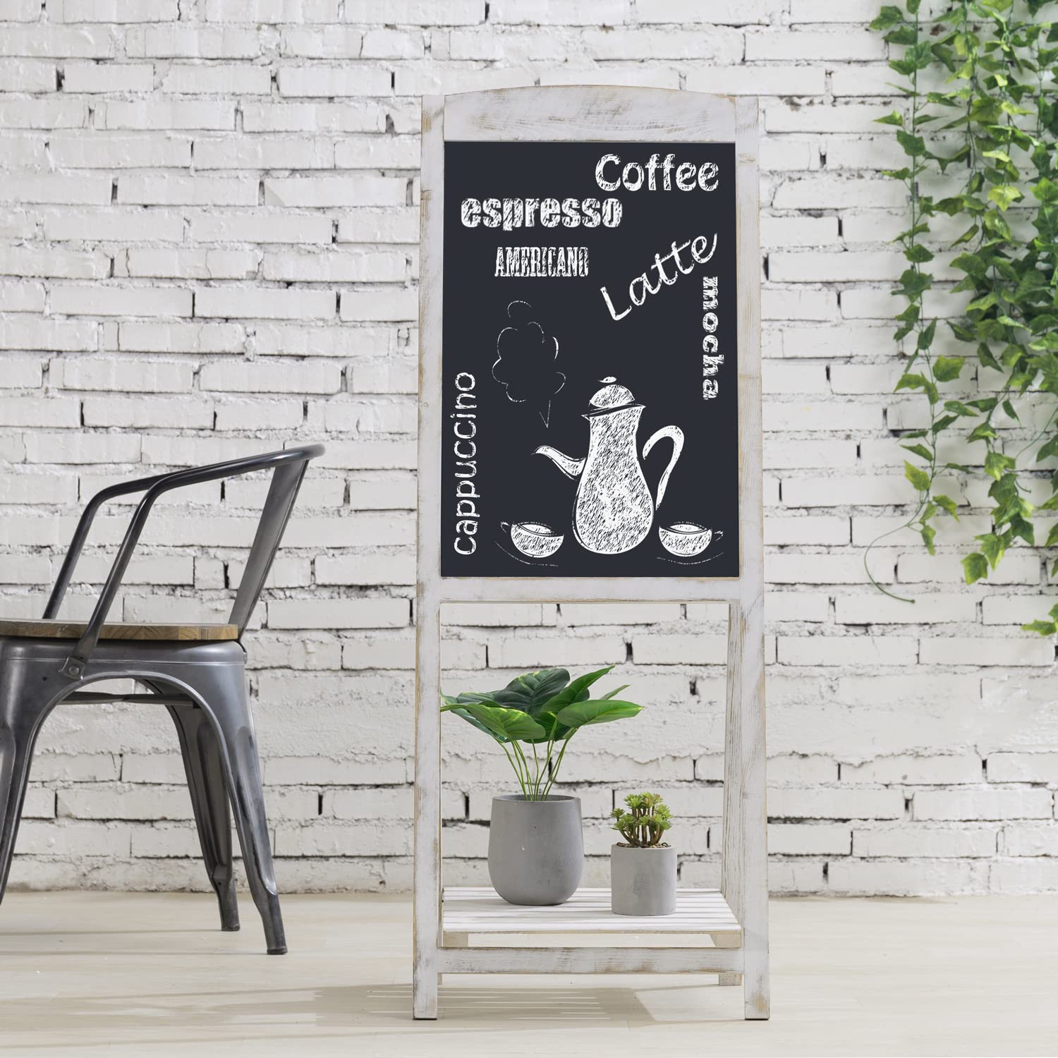 MyGift 45 Inch Tall Vintage White Weathered Paulownia Wood Sidewalk Chalkboard Sign with Plant Shelf Stand, Freestanding A-Frame