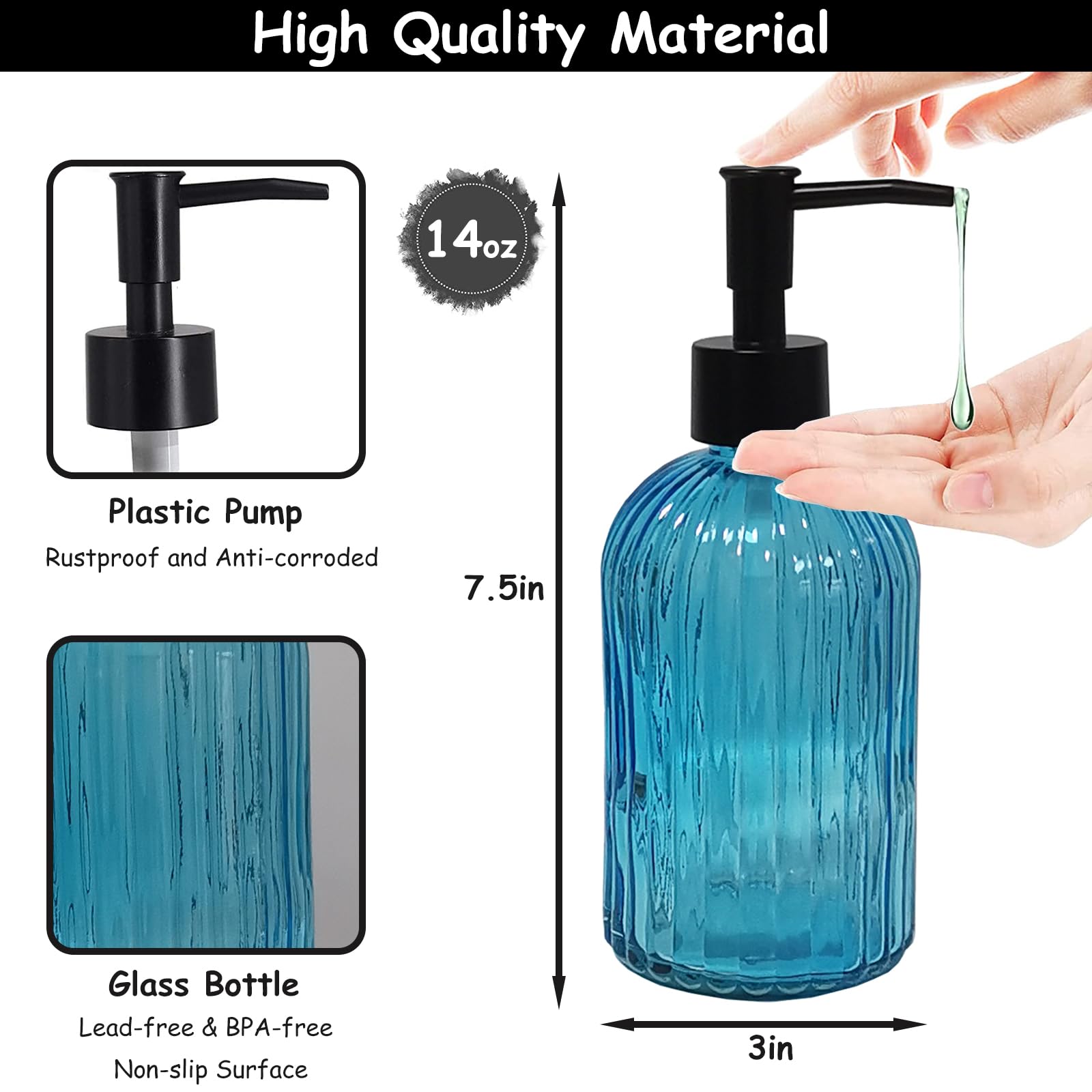 Blue Glass Soap Dispenser Set With Black Pump, 13.5Oz Refillable Liquid Hand Soap Dispenser, Lotion Dish Soap Dispenser For Mode