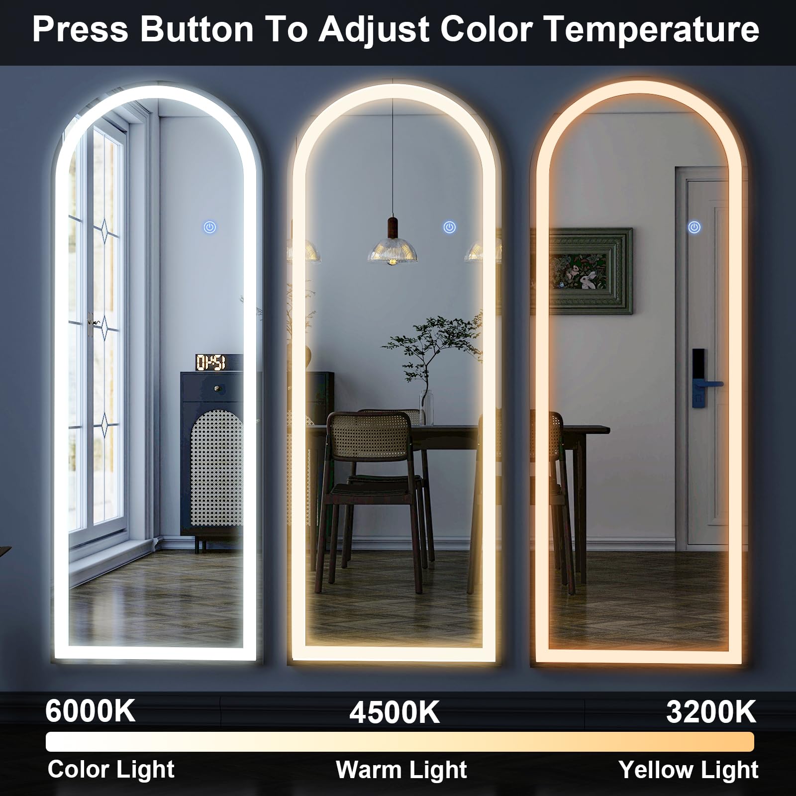GLSLAND 20x56 Arched LED Full Length Mirror with Lights - Wall Mounted or Standing Full Body Mirror for Bedroom/Cloakroom - Dimm