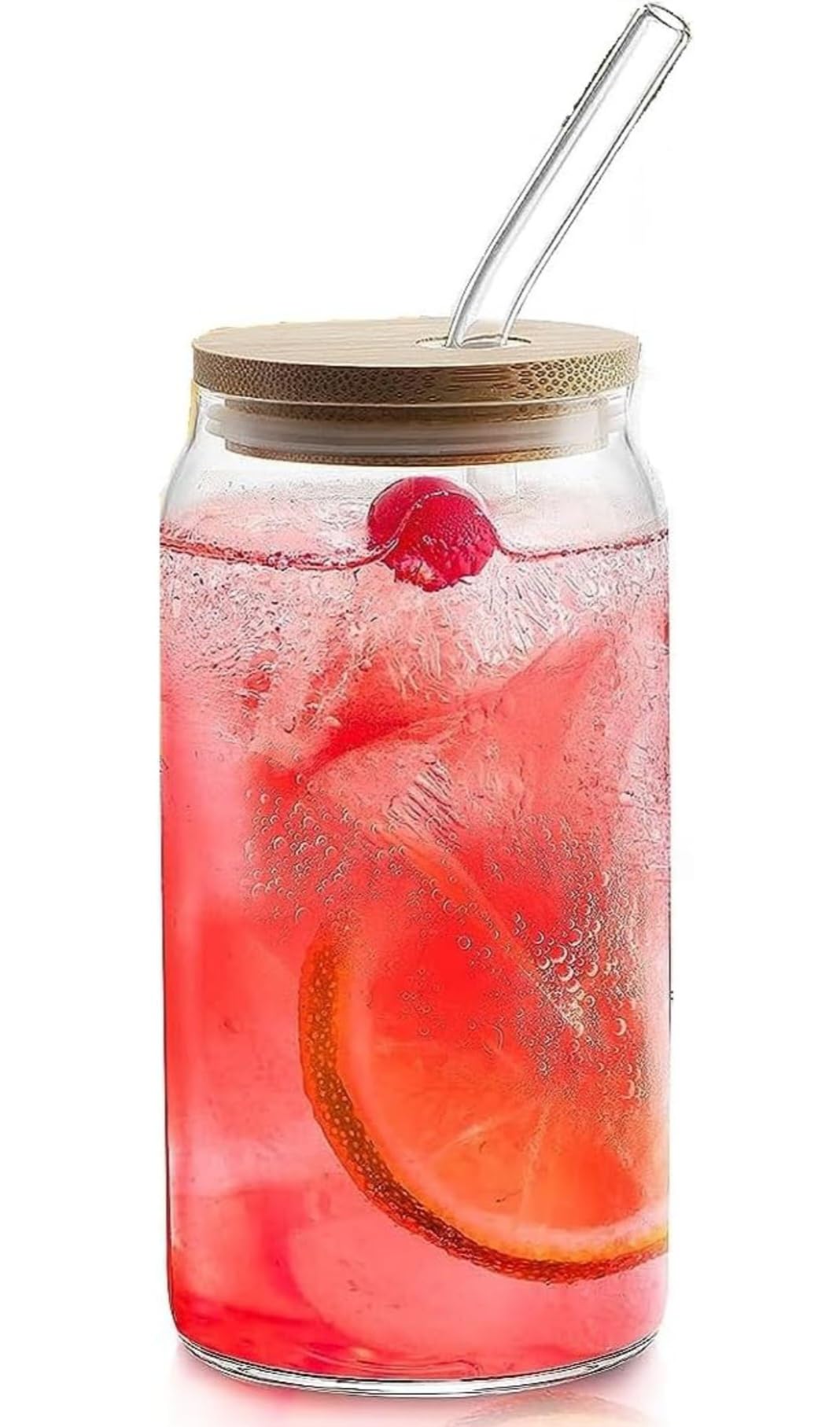 KiKiluxxa Round Glass Tumbler Can with Straw and Lid - 540ml - Pack of 4 - Glass Sipper with Straw for Fruit Juice Milk Mug