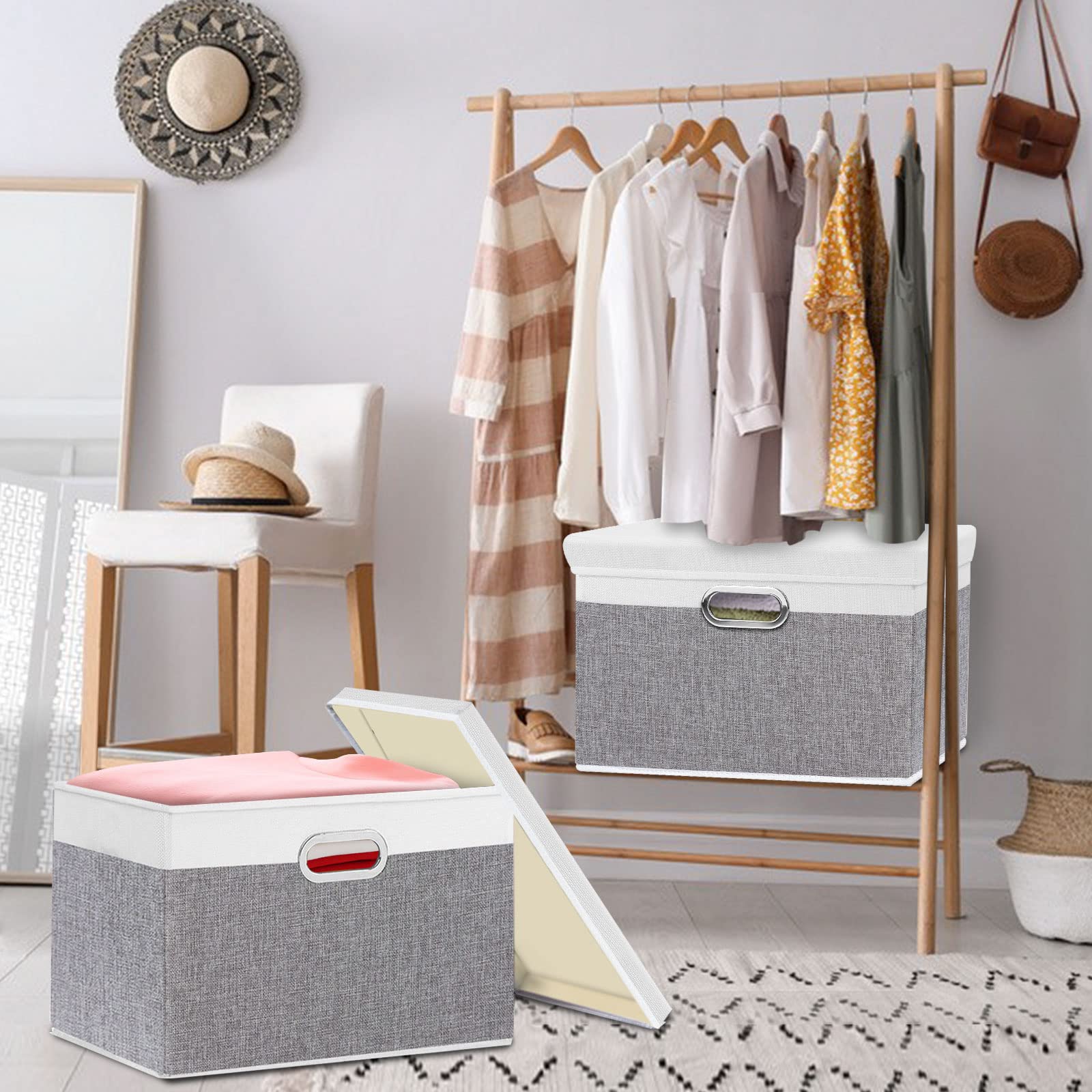 Yawinhe Collapsible Storage Box (5-Pack) 15x9.8x9.8in Waterproof Storage Basket Bins  with Lids and 2 Handles  for Clothes  Closet Organizers and Storage Containers  White/Gray  USNK066WGL-5