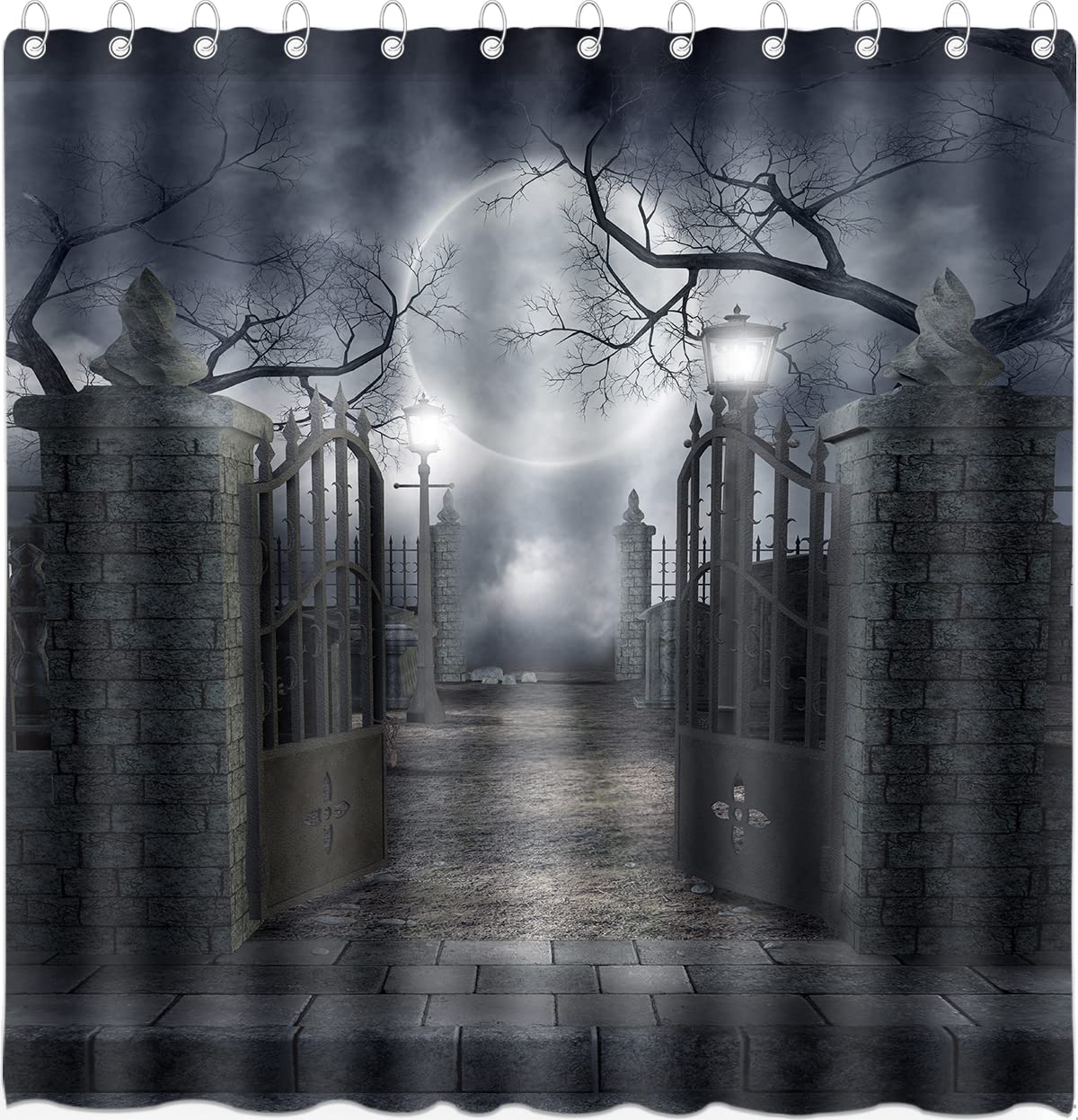 Dephoto Halloween Shower Curtain For Bathroom Scary Night Courtyard Door Spooky Moon Horrifying Dead Tree Street Lamp Poliester
