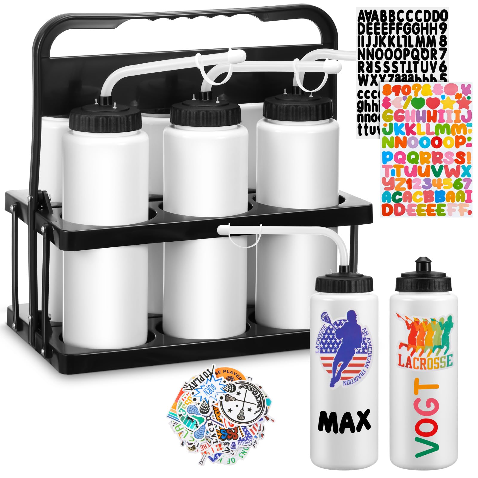 Suclain 7 Pcs Hockey Water Bottles Set, 33oz Team Sports Bottles, White