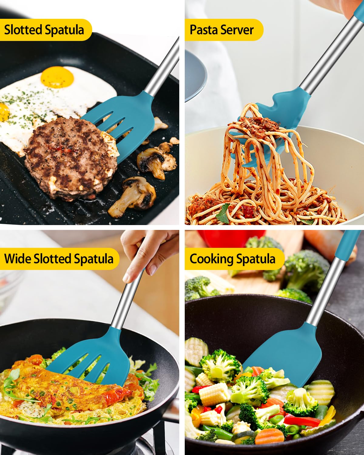 Silicone Cooking Utensil Set, 8Pcs Non-Stick Cookware With Stainless Steel Handle, Bpa Free Heat Resistant Kitchen Tools With Sp