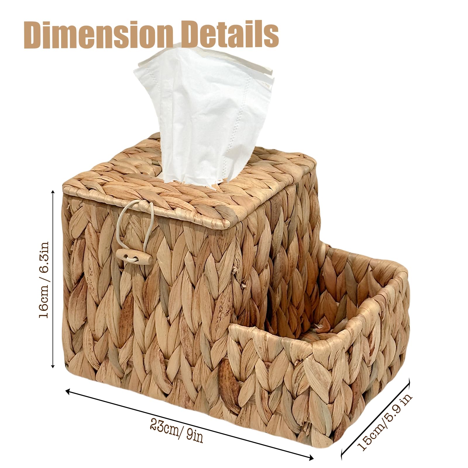 Pinxiury Water Hyacinth Tissue Box Cover Square, Tissue Box Holder, Tissue Box With Remote Organizer, Bedside Organizer, Remote
