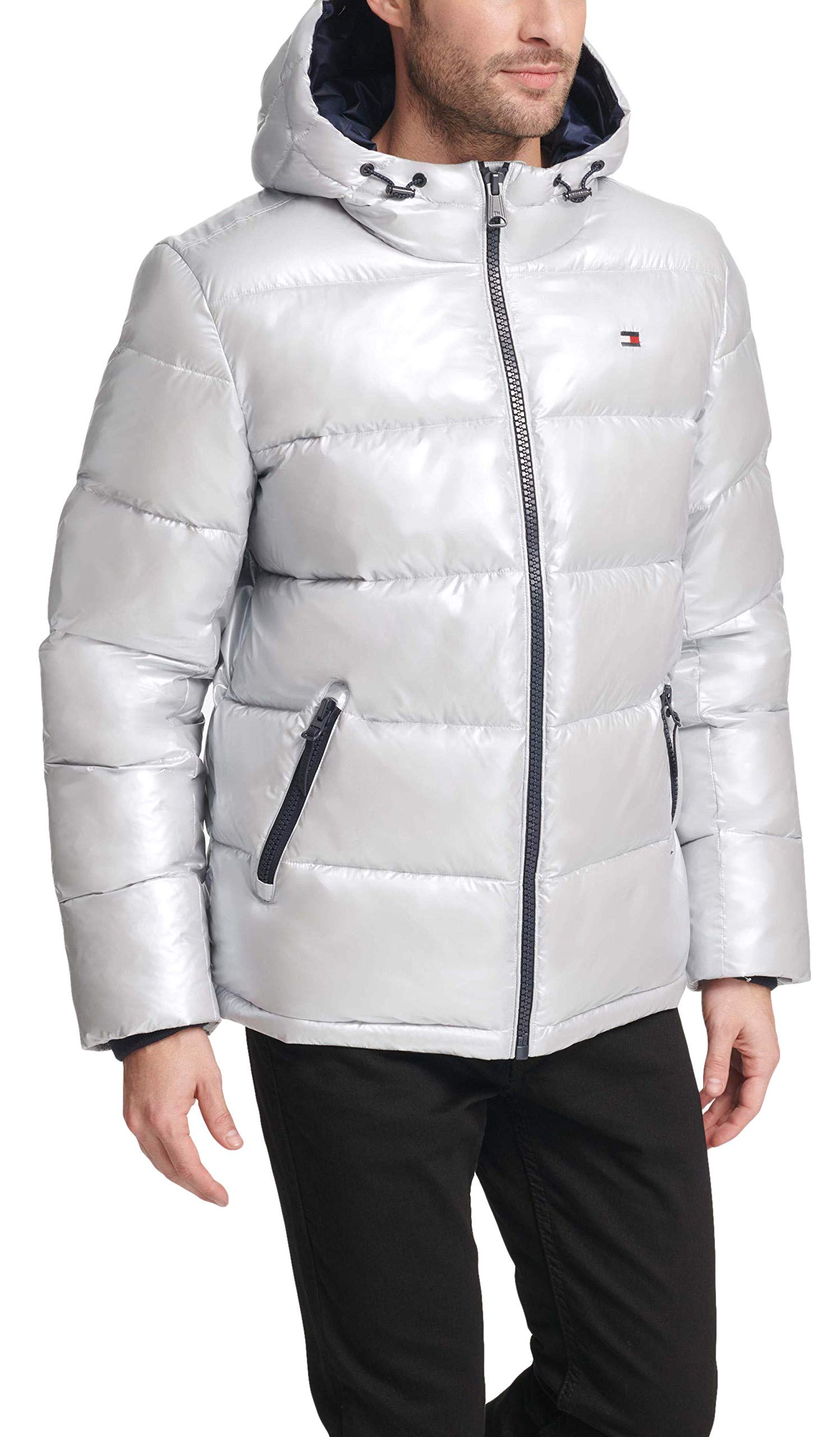 Tommy Hilfiger Mens Hooded Puffer Jacket, Pearlized Grey, X-Large