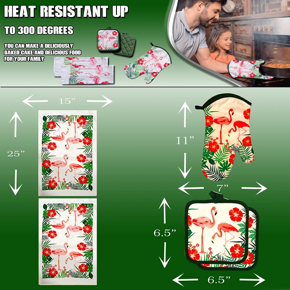 Lobyn Value Packs - 5 Piece Tropical Kitchen Towel Set: Features Flock Of Pink Flamingos, 2 Decorative Dish Towels, 1 Oven Mitt,