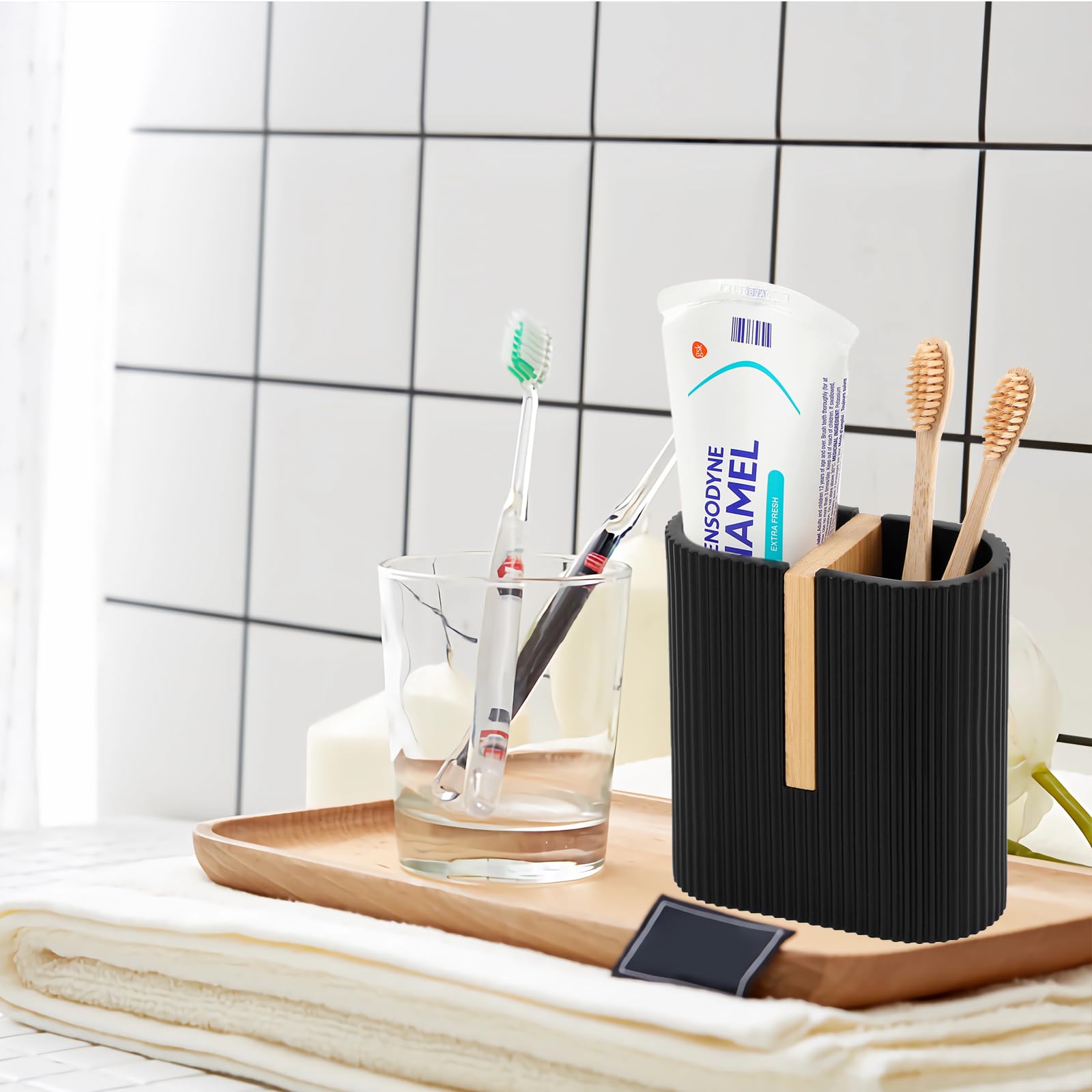 Rejomiik Matte Black Toothbrush Holders Electric Toothbrush Holder For Bathrooms, Bamboo Tooth Brushing And Toothpaste Storage O