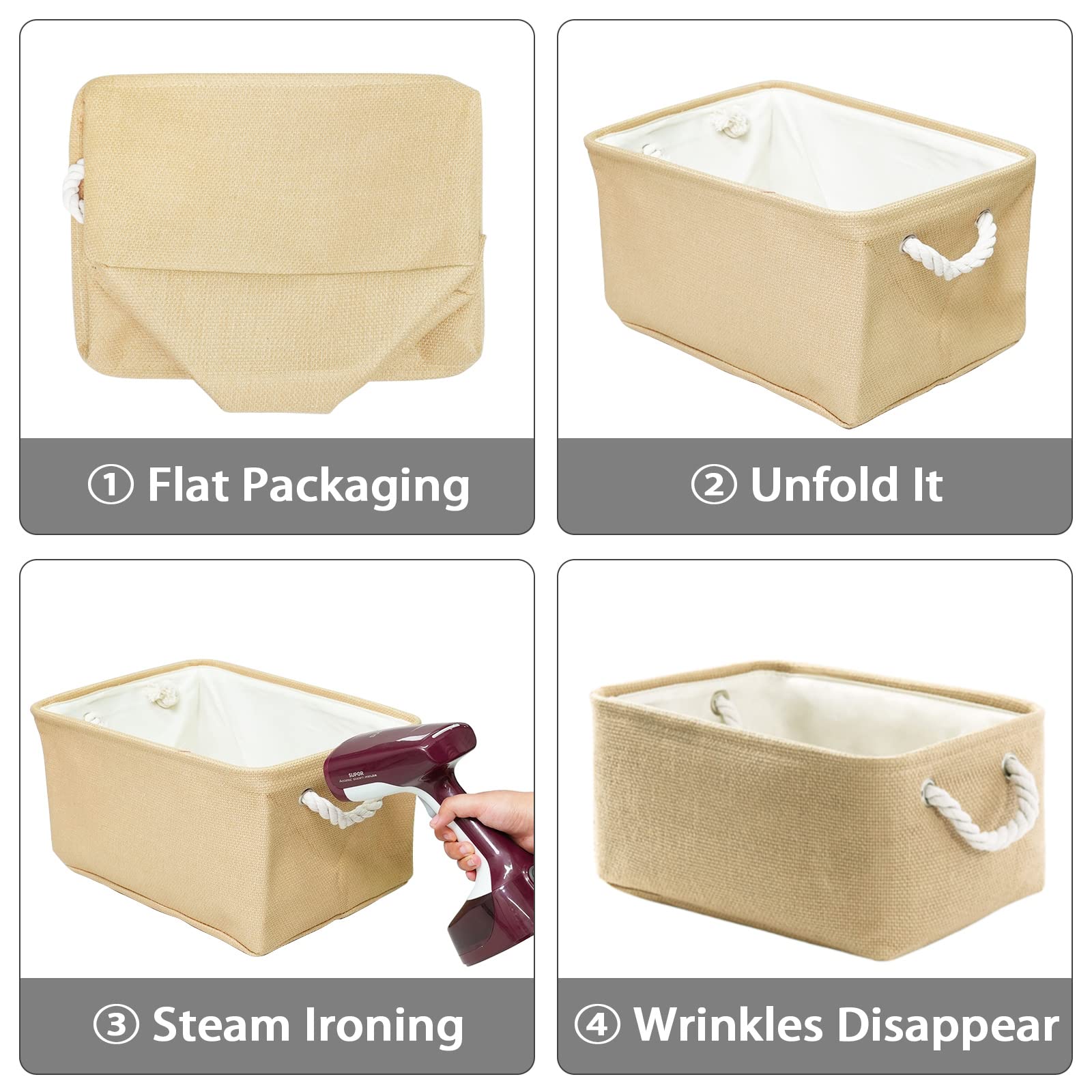Thewarmhome Decorative Basket Rectangular Fabric Storage Bin Organizer Basket With Handles For Clothes Storage (Beige, Medium-1P