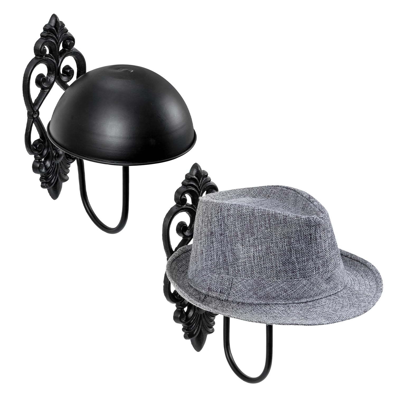 MyGift Set of 2 Wall Mounted Black Metal Hat Racks with 7 Inch Round Dome Holder, Decorative Vintage Style Cap or Wig Display Ha
