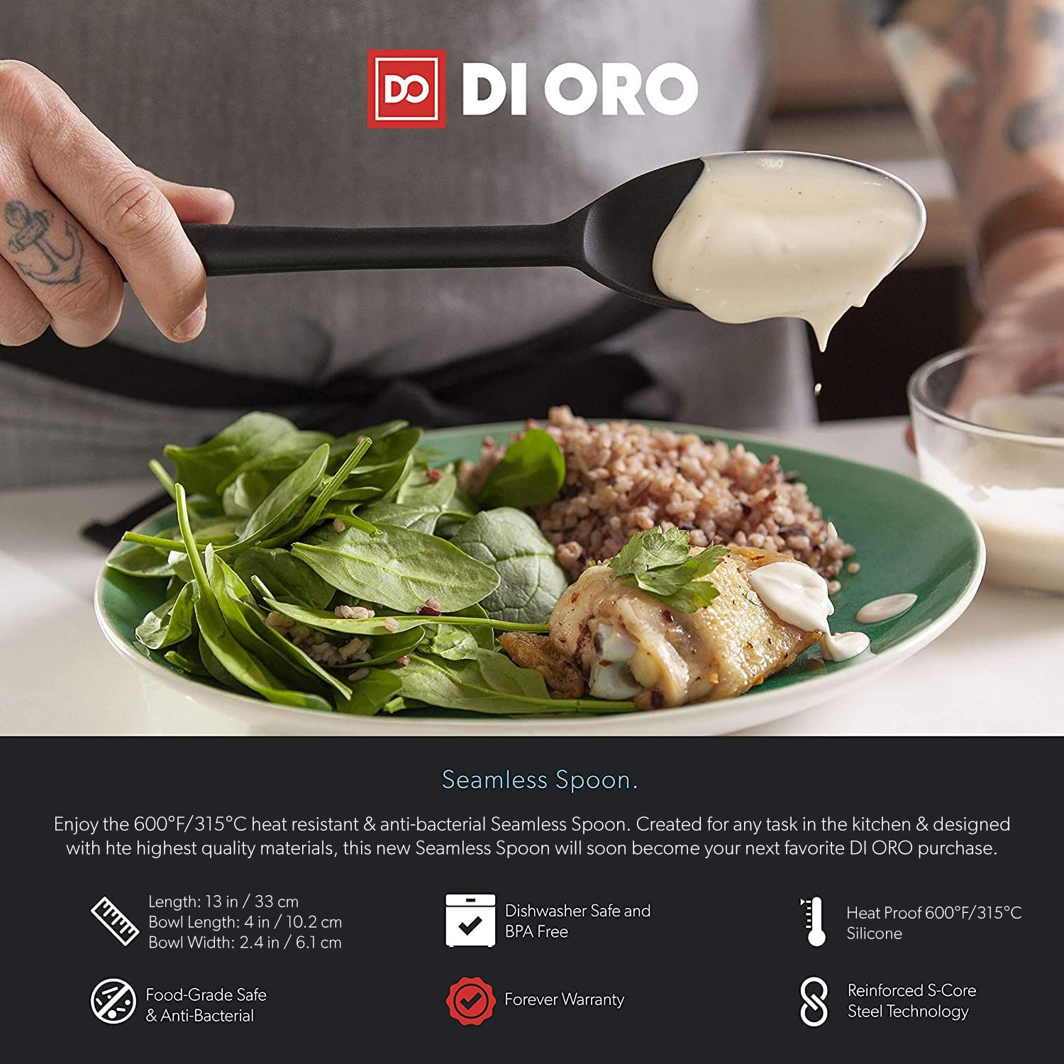Di Oro Cooking Spoon - Solid Silicone Spoon 600F High Heat Nonstick Cookware Safe - Kitchen Spoon For Cooking & Baking - Large S