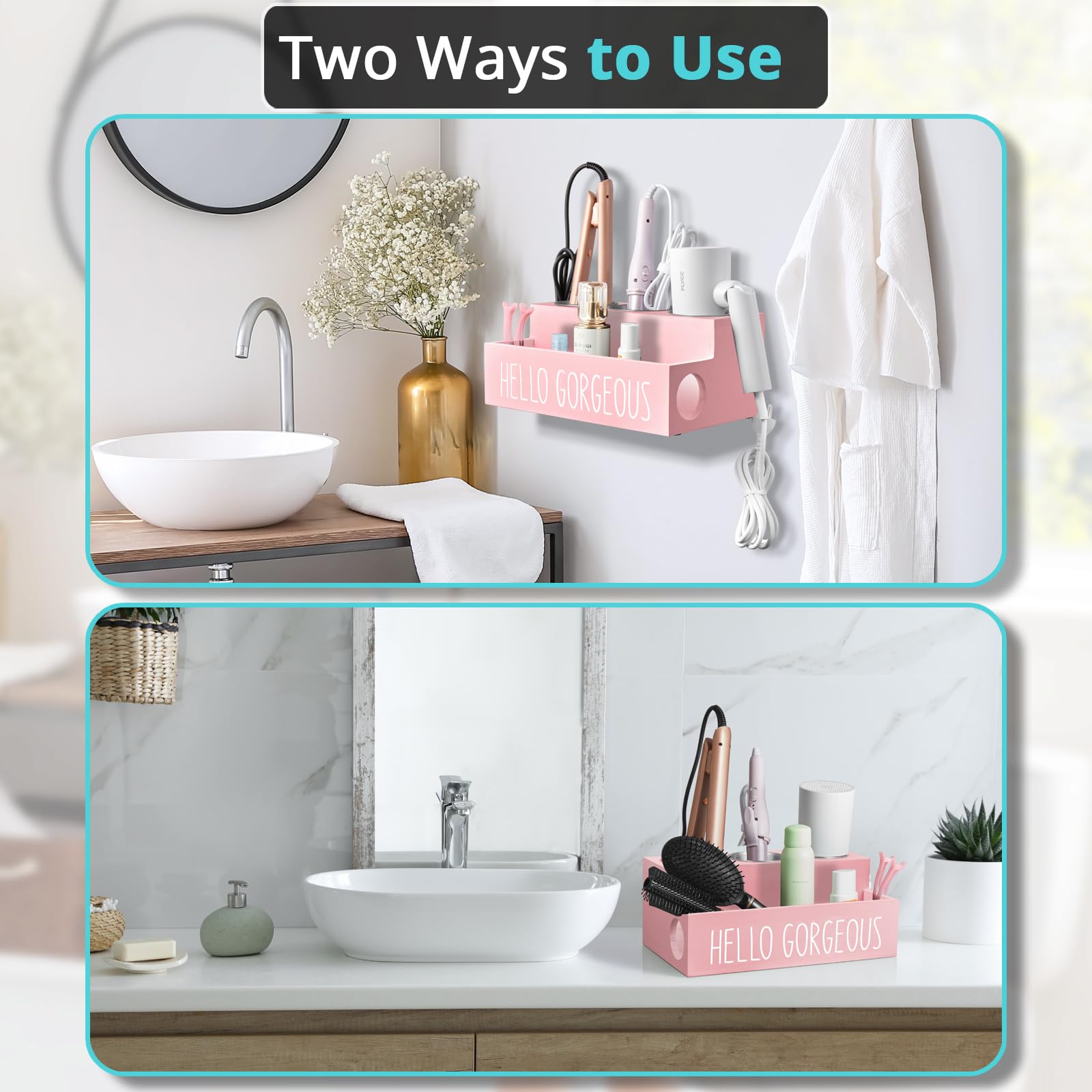 Bivvclaz Hair Tool Organizer Wall Mount, Wooden Hair Dryer Holder Countertop, Hot Tools Organizer For Hair Styling Accessories,