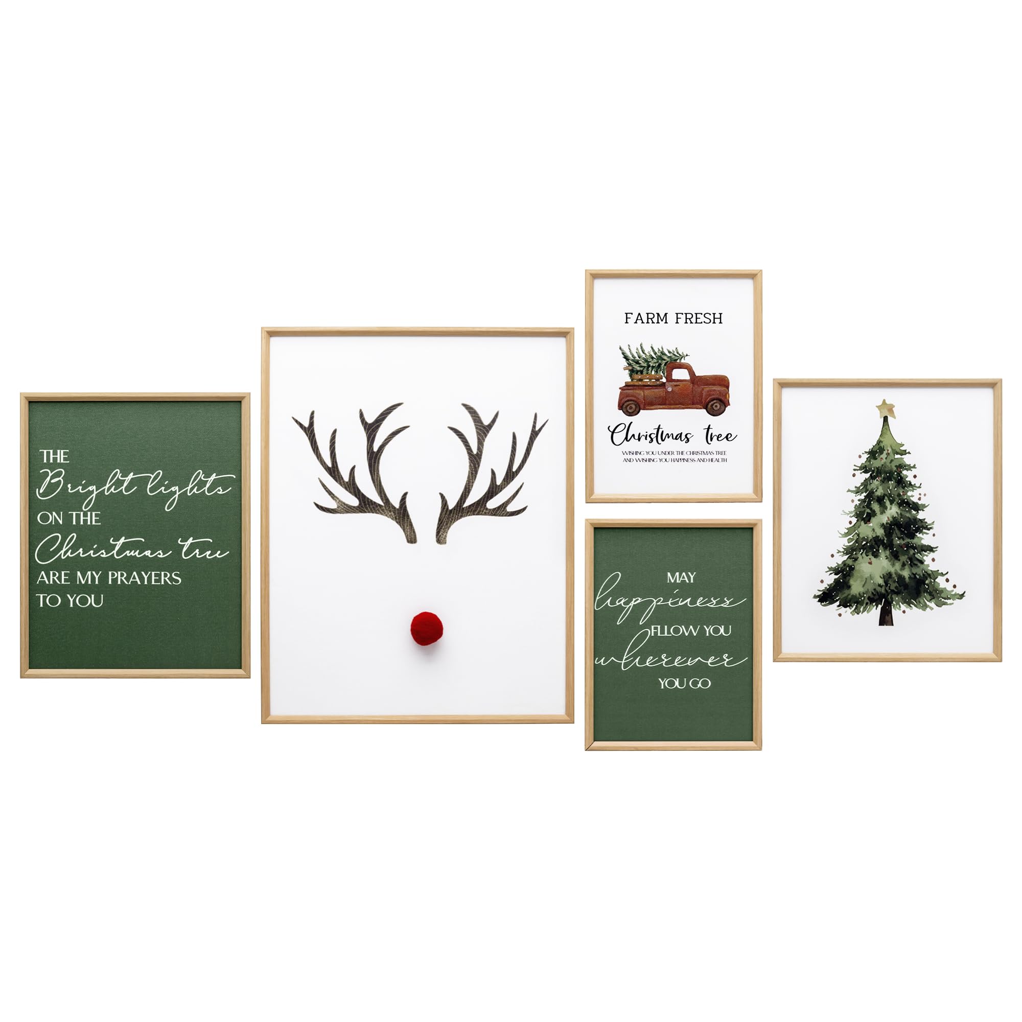 Artbyhannah Christmas Canvas Wall Art, Framed Christmas Wall Decor With 3D Reindeer Nose, 5 Pack Indoor Christmas Decorations Wi