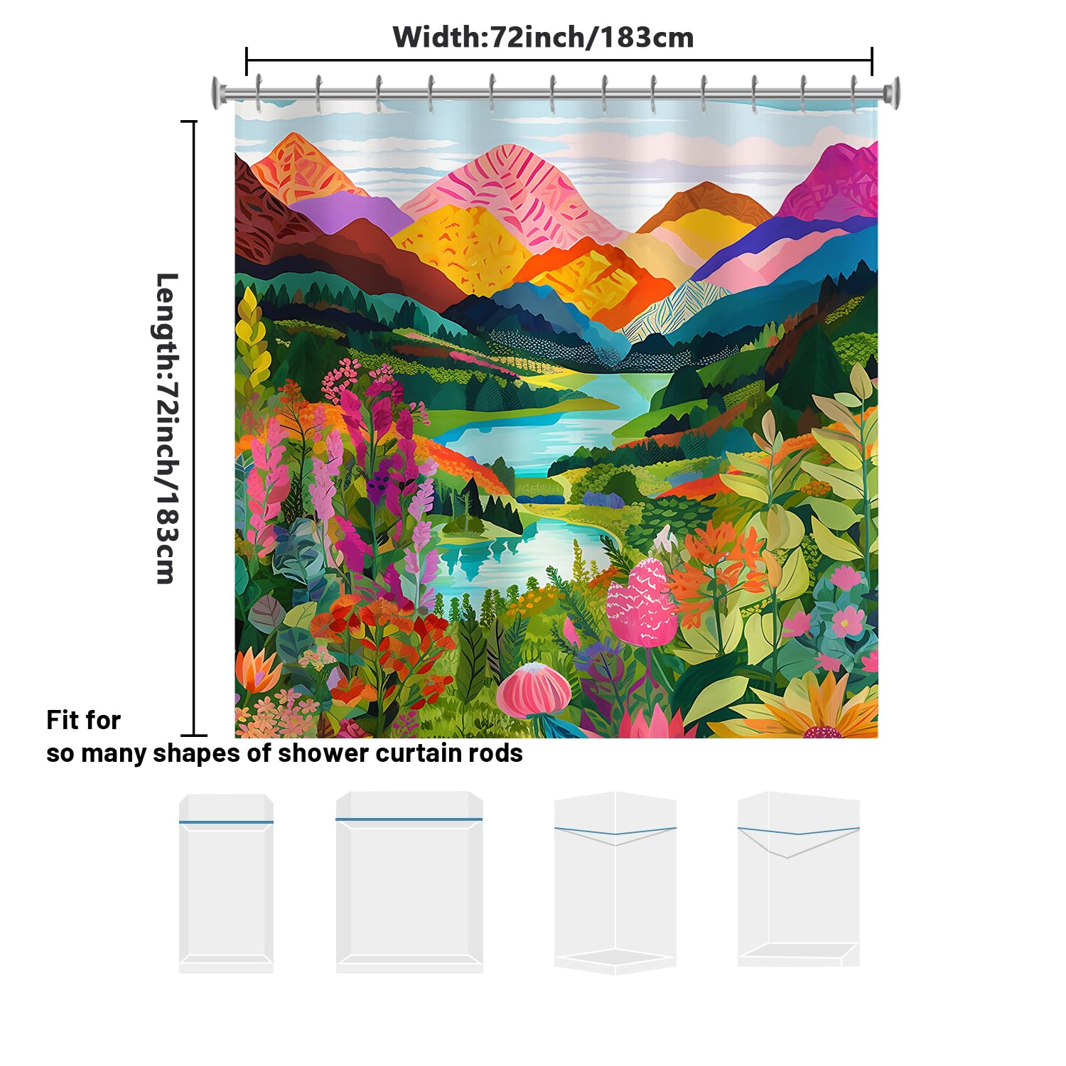 She Love Mountain Abstact Shower Curtain Nature Forest Lake Watercolor Art Painting Landscape Colorful Green Shower Curtain With