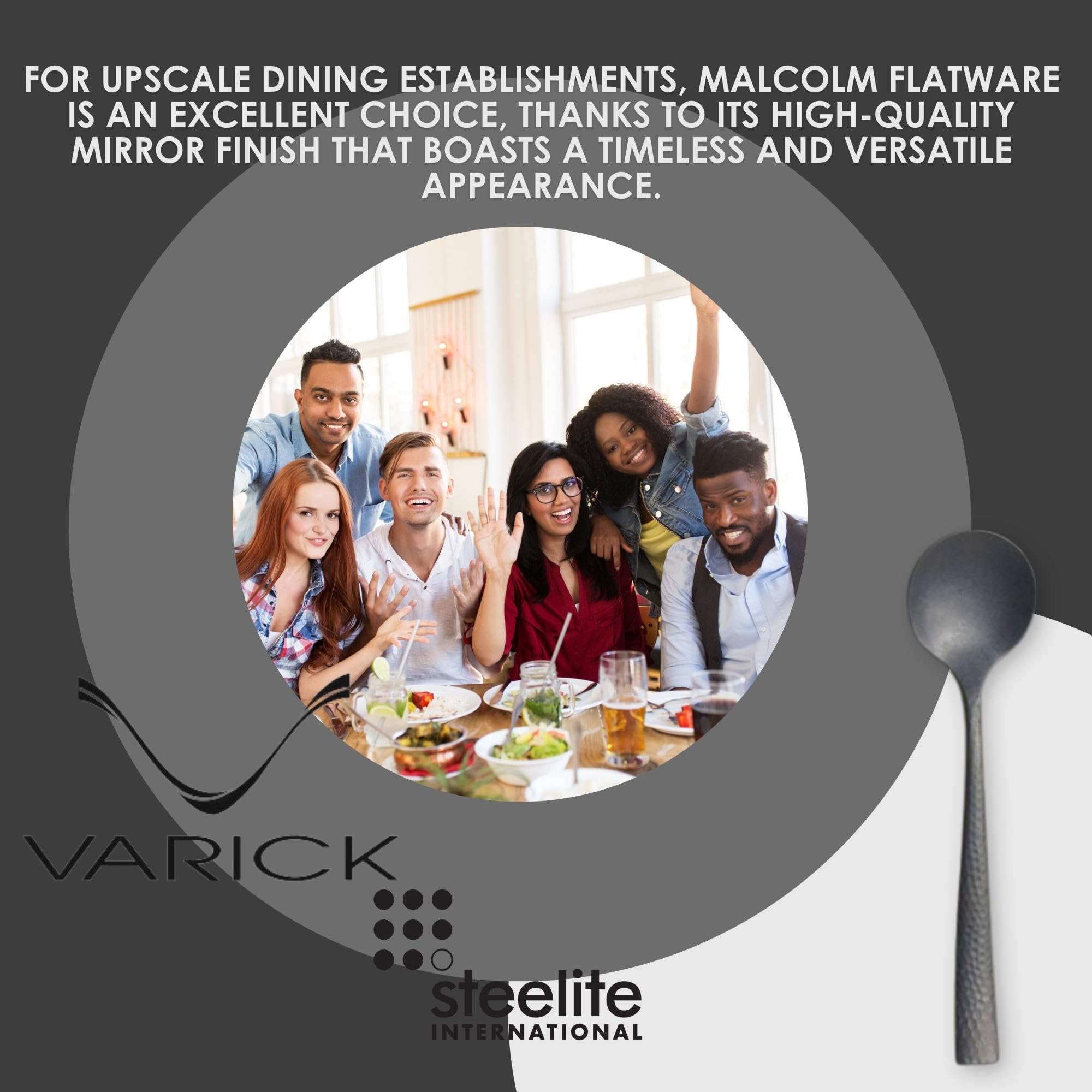 Steelite Round Bouillon Soup Spoons, Varick Malcolm Black Hammered Textured Handle, 18/10 Stainless Steel Utensils, Silverware F