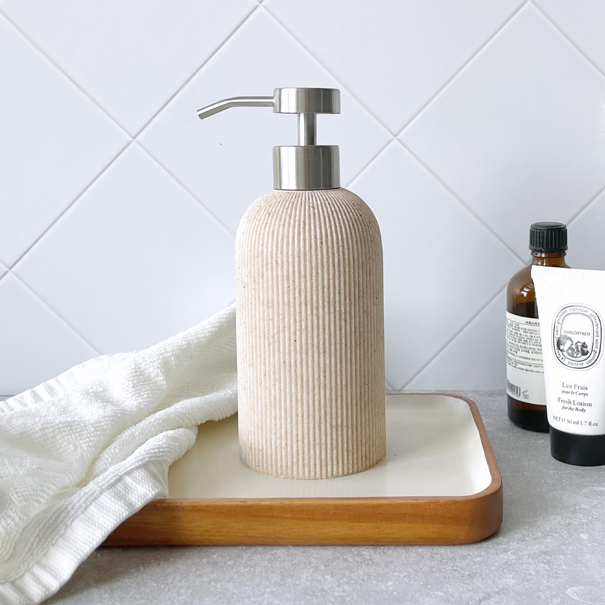 Lunestella Elegant Boho Beige Hand Soap Dispenser With Stainless Steel Pump, For Bathroom And Kitchen, Rust Proof, 7Oz