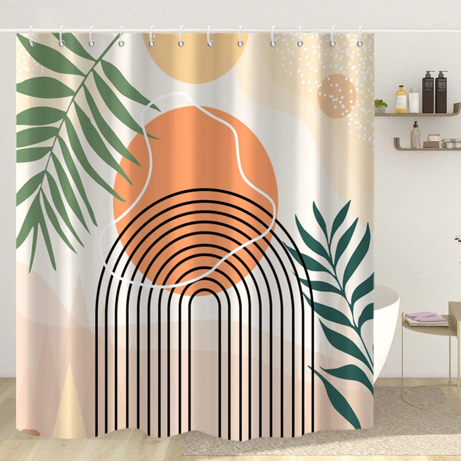 Gkleasg Mid Century Extra Long Shower Curtain, Abstract Boho Minimalistic Arch Sun Leaf Machine Washable Waterproof Fabric For B