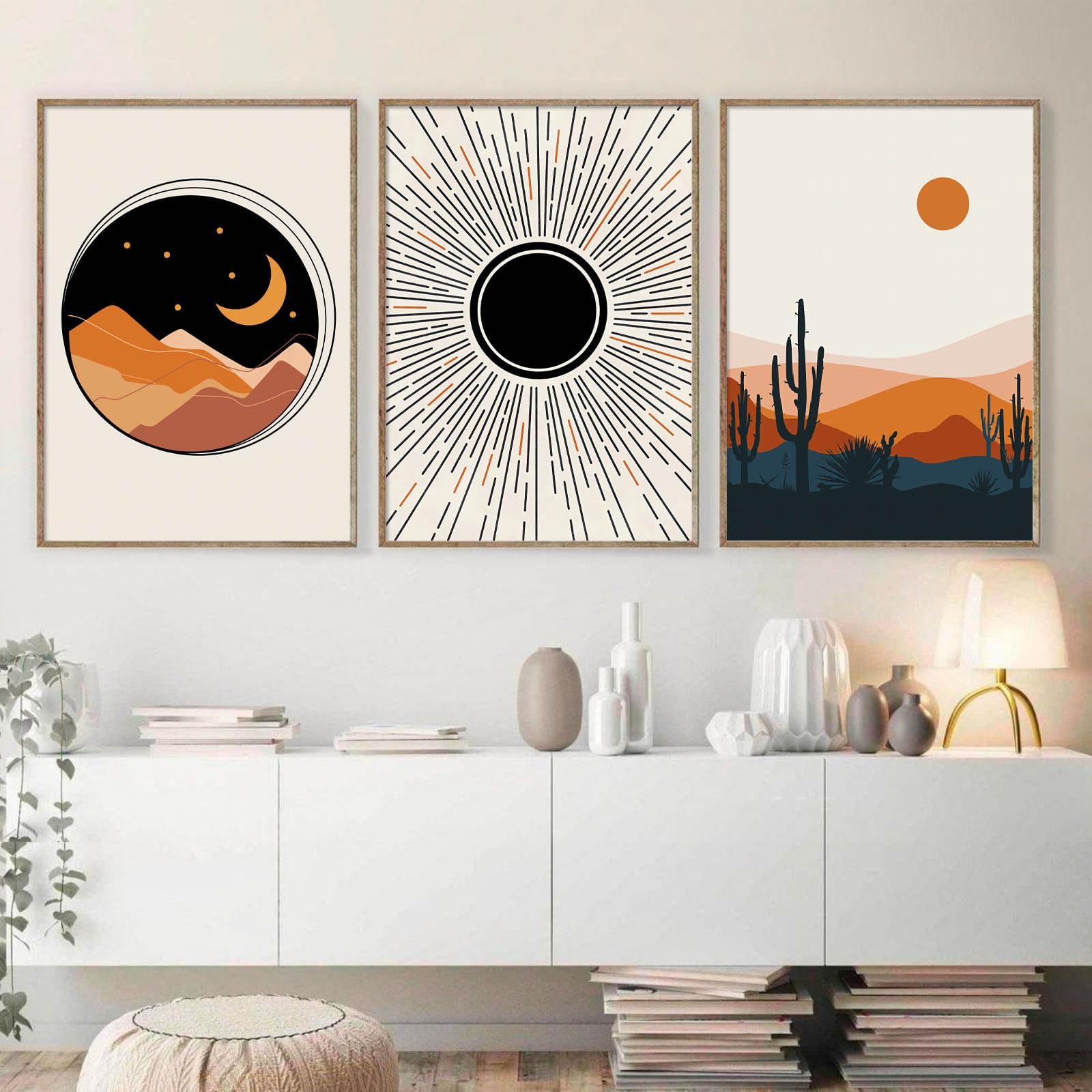 Ecyanlv Abstract Mid Century Poster Sun And Moon Canvas Painting Rainbows Modern Art Print Geometric Wall Art Picture For Living