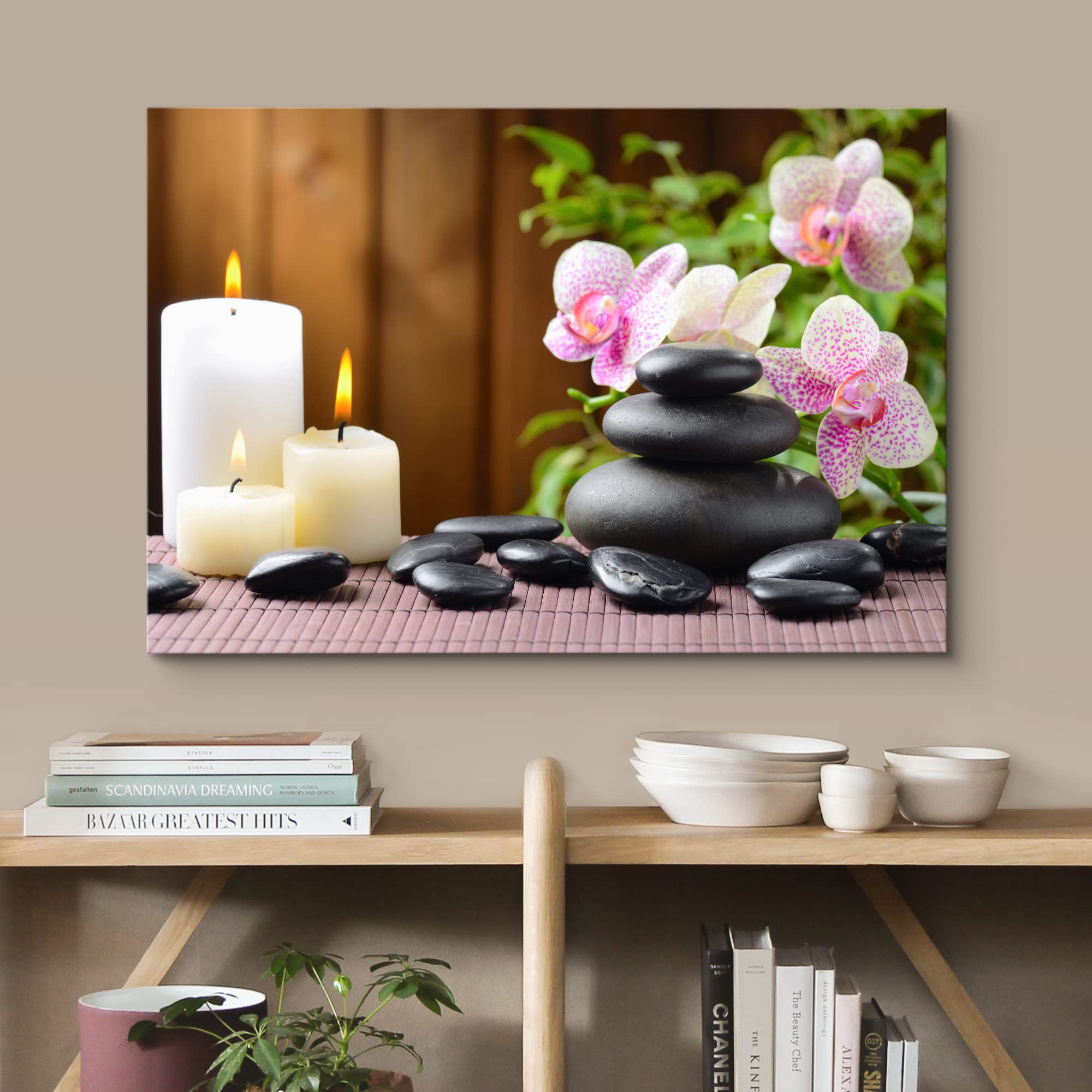 Wall26 Canvas Print Wall Art Pink Orchid Flowers Zen Massage Stones White Candles Nature Wilderness Photography Realism Rustic L