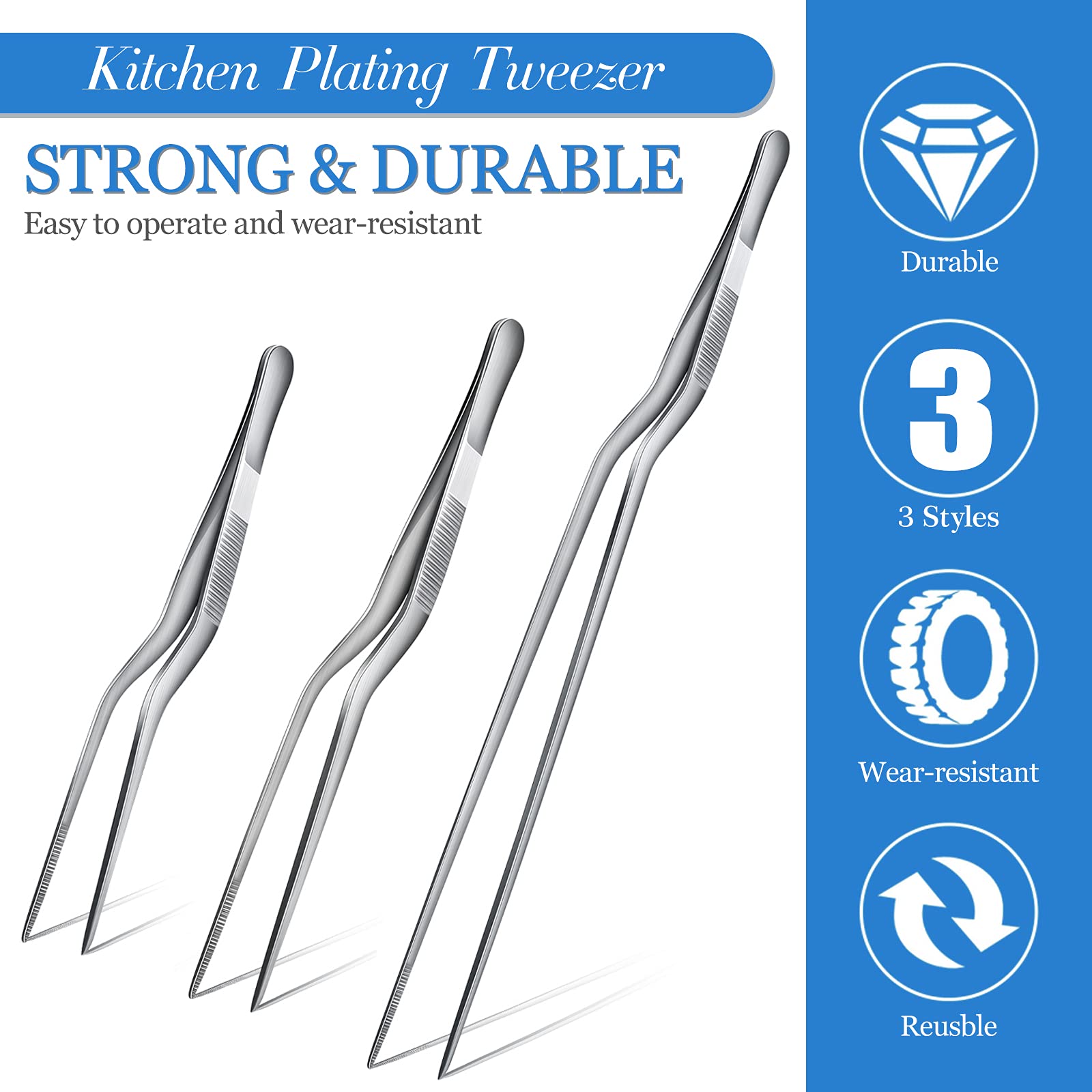 3 Pieces Stainless Steel Tweezers Tongs Cooking Tweezers Precision Kitchen Tongs Plating Food Tweezers Metal Culinary Tweezers C