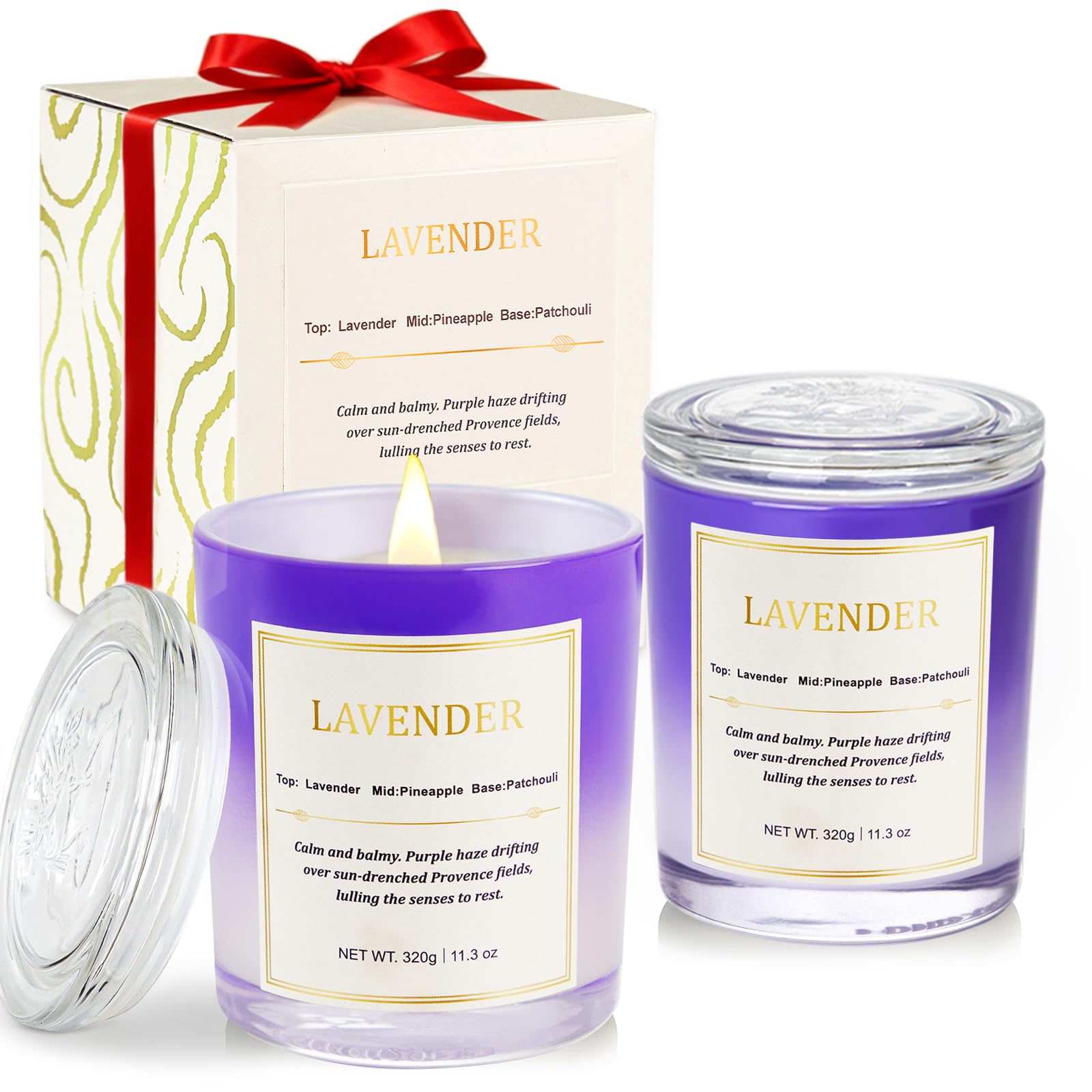 Lavender Candle Gift Set - 2 Pack Wood Wick Soy Wax Scented Candles with Gift Boxes, Long Lasting Relaxing Aromatherapy Candles 