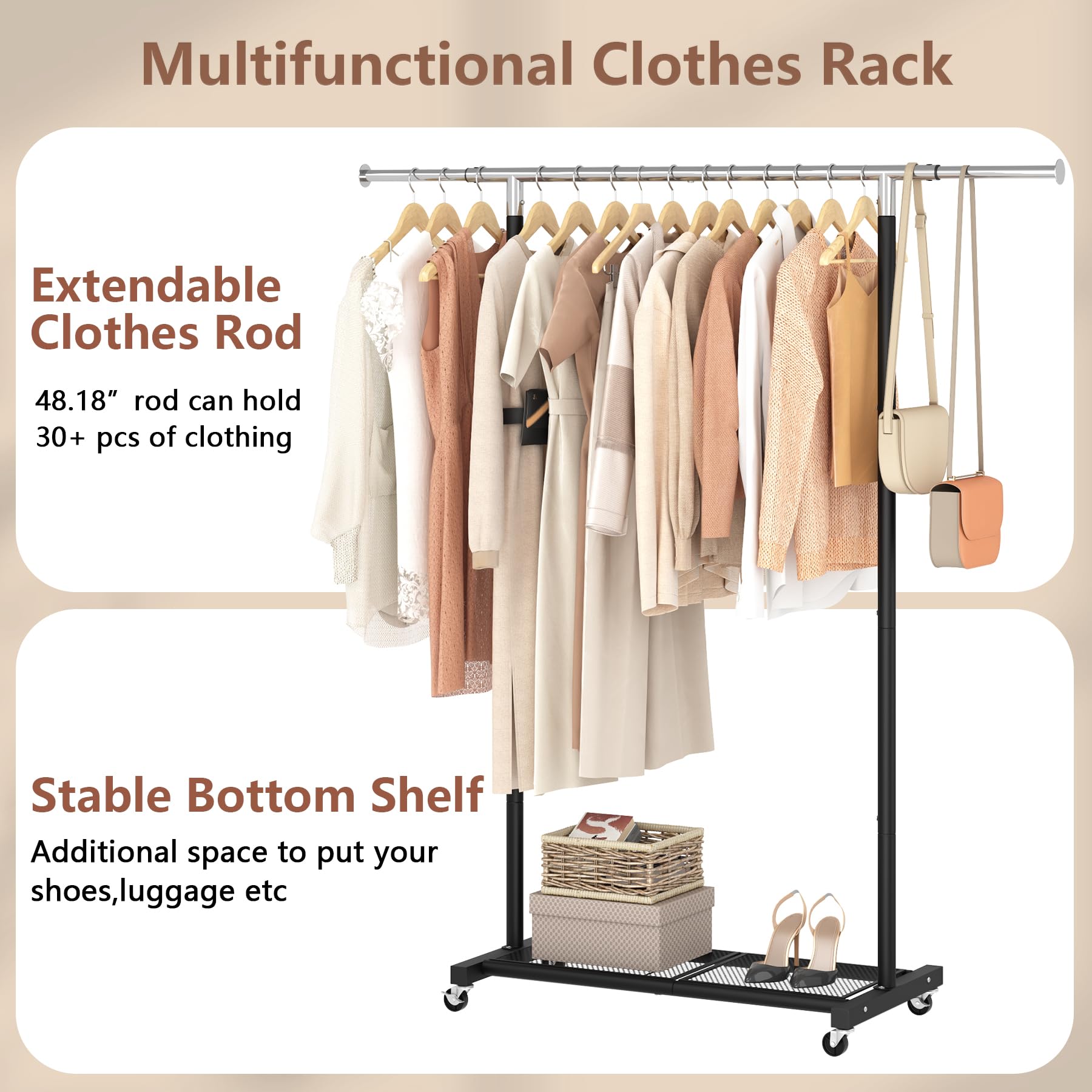Jiuyotree Rolling Clothes Rack With Dense Mesh Storage Shelf Clothing Garment Rack With Wheels Width Adjustable Clothing Organiz