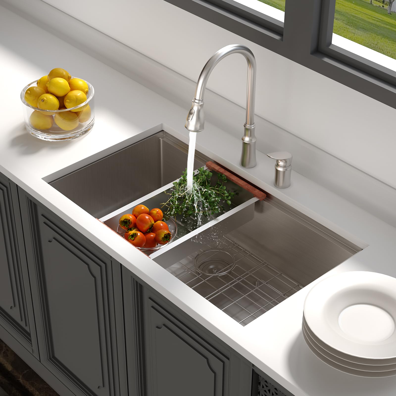 Lordear 30 Inch Undermount Kitchen Sink Ledge Workstation 16 Gauge Stainless Steel Under Counter Single Bowl Handmade Kitchen Si