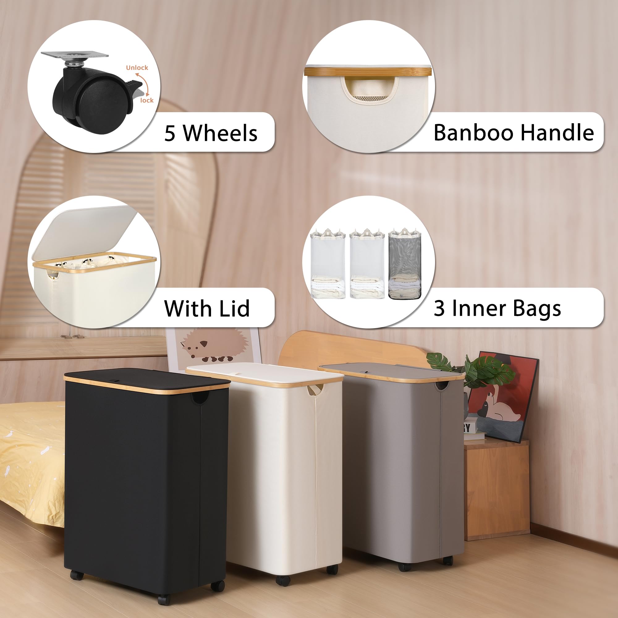 Iegrow Lagre Laundry Basket With Wheels, Laundry Hamper With Lid, 160L Clothes Hamper For Laundry With 3 Liner Bags, For Laundry