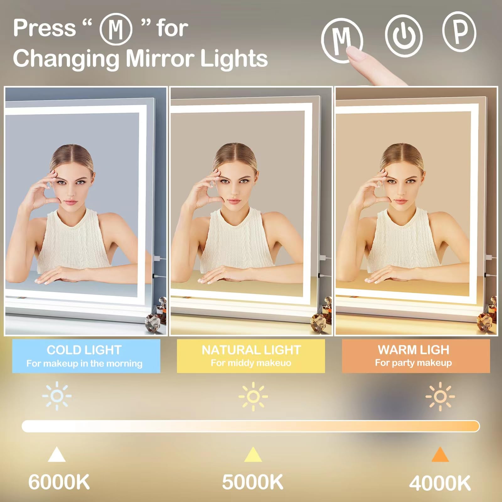 Vanity Mirror With Lights, 28'' X 22'' Led Makeup Mirror, Lighted Makeup Mirror With 10X Magnification,Dimmable 3 Modes, Touch S