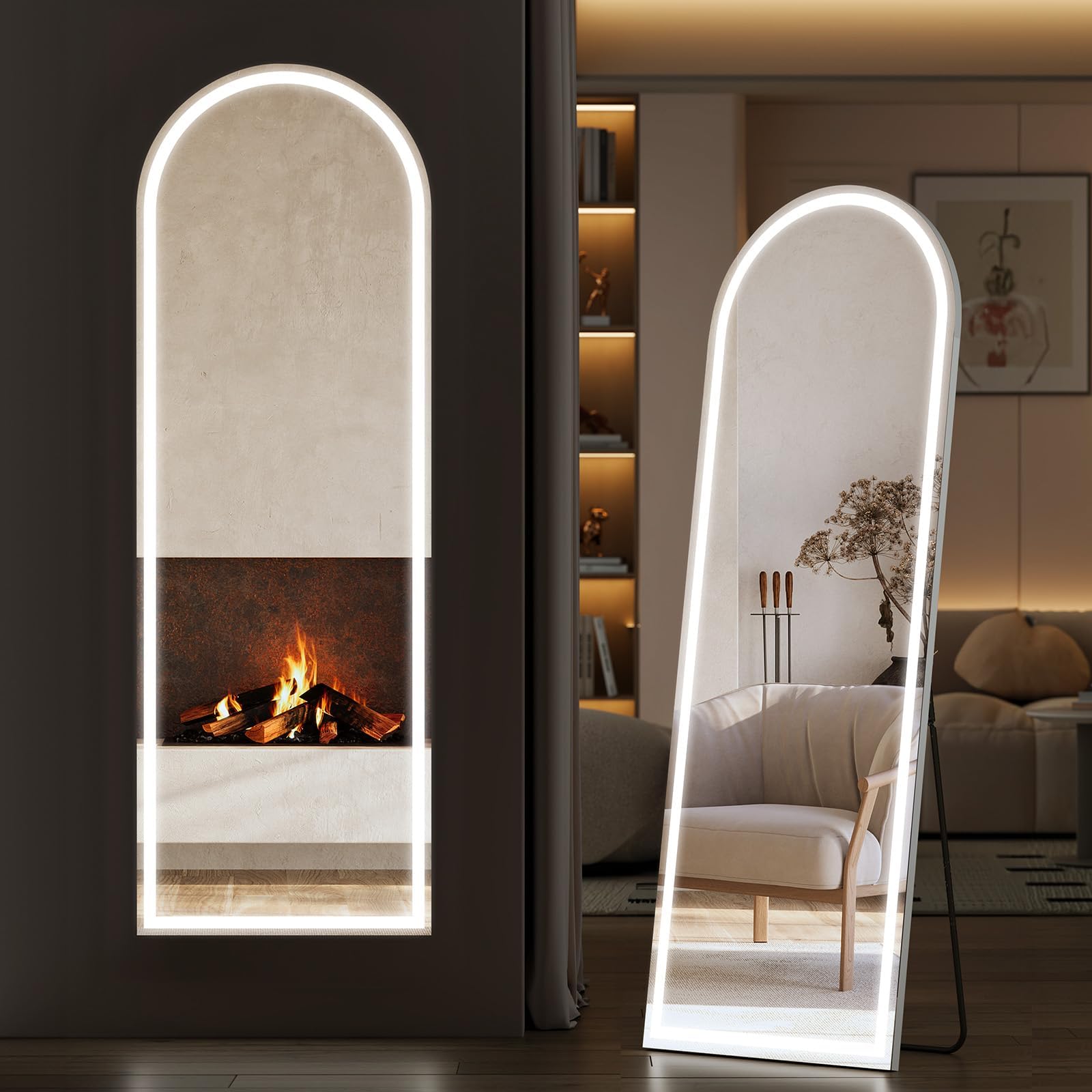 Sweetcrispy Arched LED Full Length Mirror with Stand, 60x16 Lighted Floor Body Mirror with Dimming & 3 Color Lighting, Hanging o