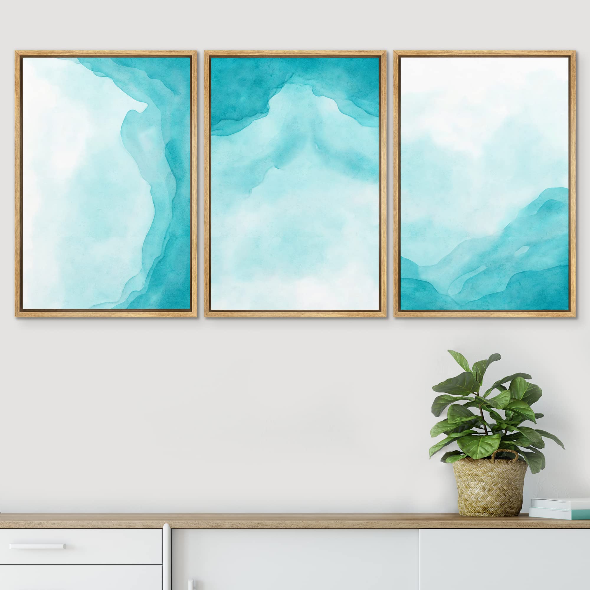 Signwin Framed Canvas Print Wall Art Set Vibrant Teal Watercolor Paint Stroke Collage Landscape Abstract Shapes Illustrations Mo