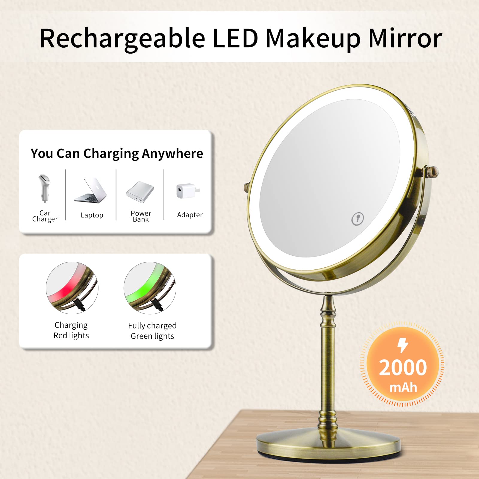 Nicesail Makeup Mirror With Light, Magnifying Mirror With 3 Color Lighting Adjustable Brightness, 360 Rotation Double Sided Mirr