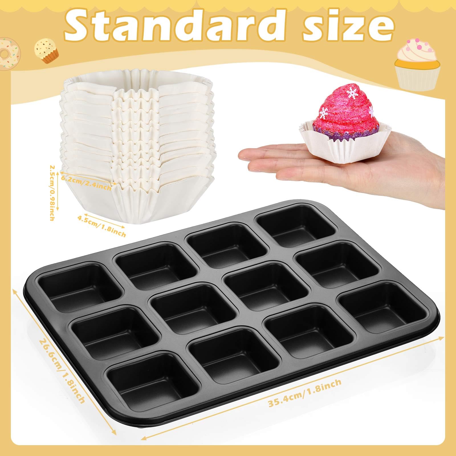 Lallisa Baking Pans With Cupcake Liners Sets 2 Pcs All Edges Brownie Pans And 500 Pcs White Cupcake Liners 12 Mini Cavity Non-St