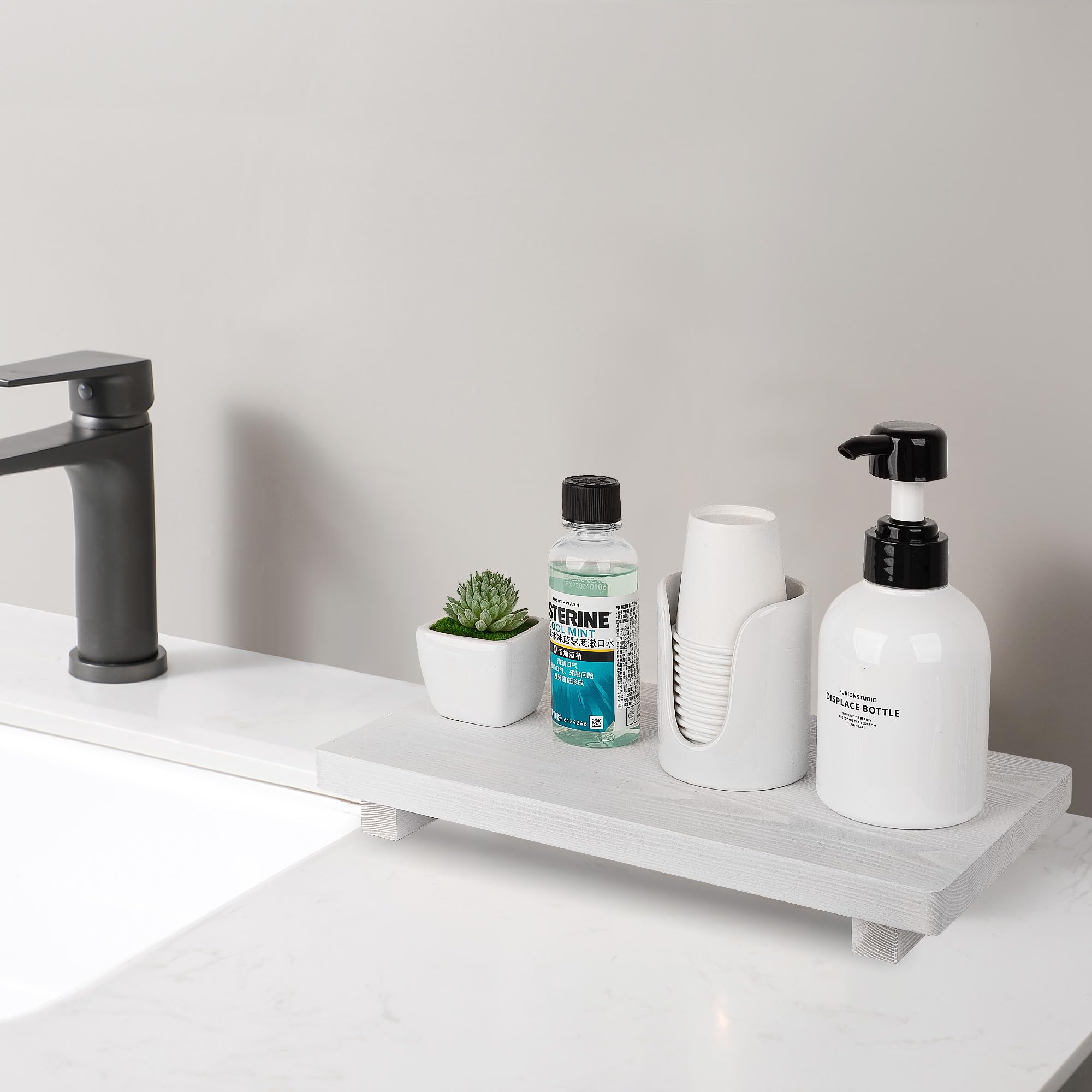 Bathroom Counter Organizer Wood Pedestal Stand Farmhouse Decorative Tray Soap Holder For Kitchen Decor, Large 11.8'' X 7'' - Whi